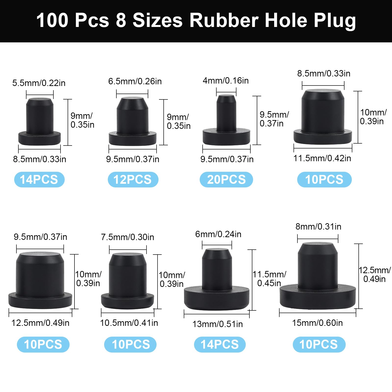 Annickee Bouchon De Trou En Silicone De 8 Tailles Rond, 100 Pièces Bouchon Caoutchouc Réutilisable, Bouchon Silicone Noir Étanche, Bouchons En Caoutchouc Solide Adapté Aux Bouteilles De 4-9.5mm