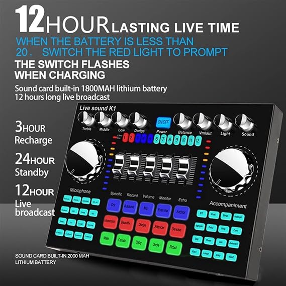Professional Audio Mixer, K1 Live Sound Card Portable Bluetooth Sound Card Adjustable Volume Audio for Occupation Music Recording Karaoke Songs