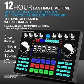 Professional Audio Mixer, K1 Live Sound Card Portable Bluetooth Sound Card Adjustable Volume Audio for Occupation Music Recording Karaoke Songs