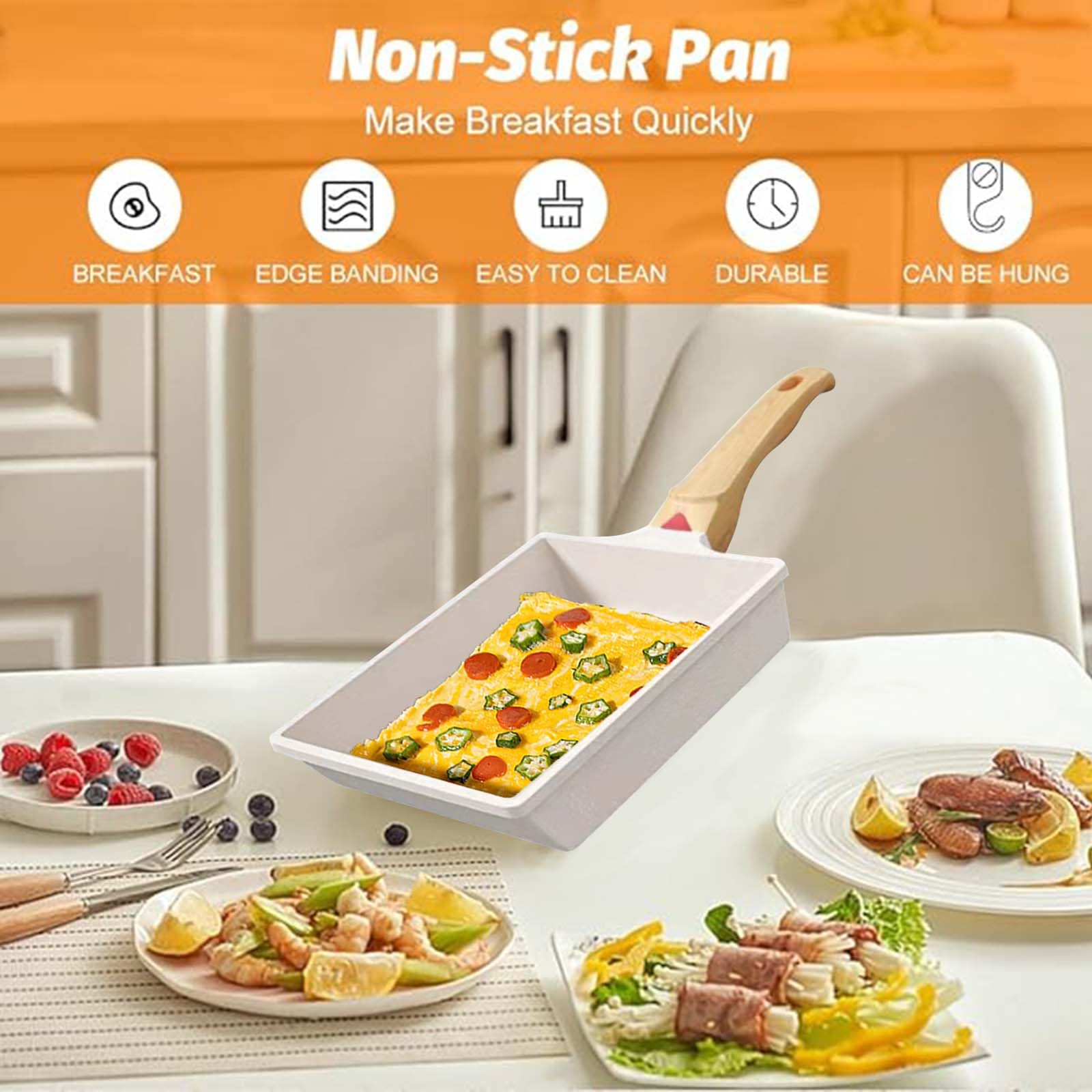Yuragim Padella per Omelette Giapponese,Padella Tamagoyaki con Spatola in Silicone Padella Rettangolare con Rivestimento Antiaderente in Ceramica e Manico Rimovibile per Tutti i Tipi di Fornelli Beige