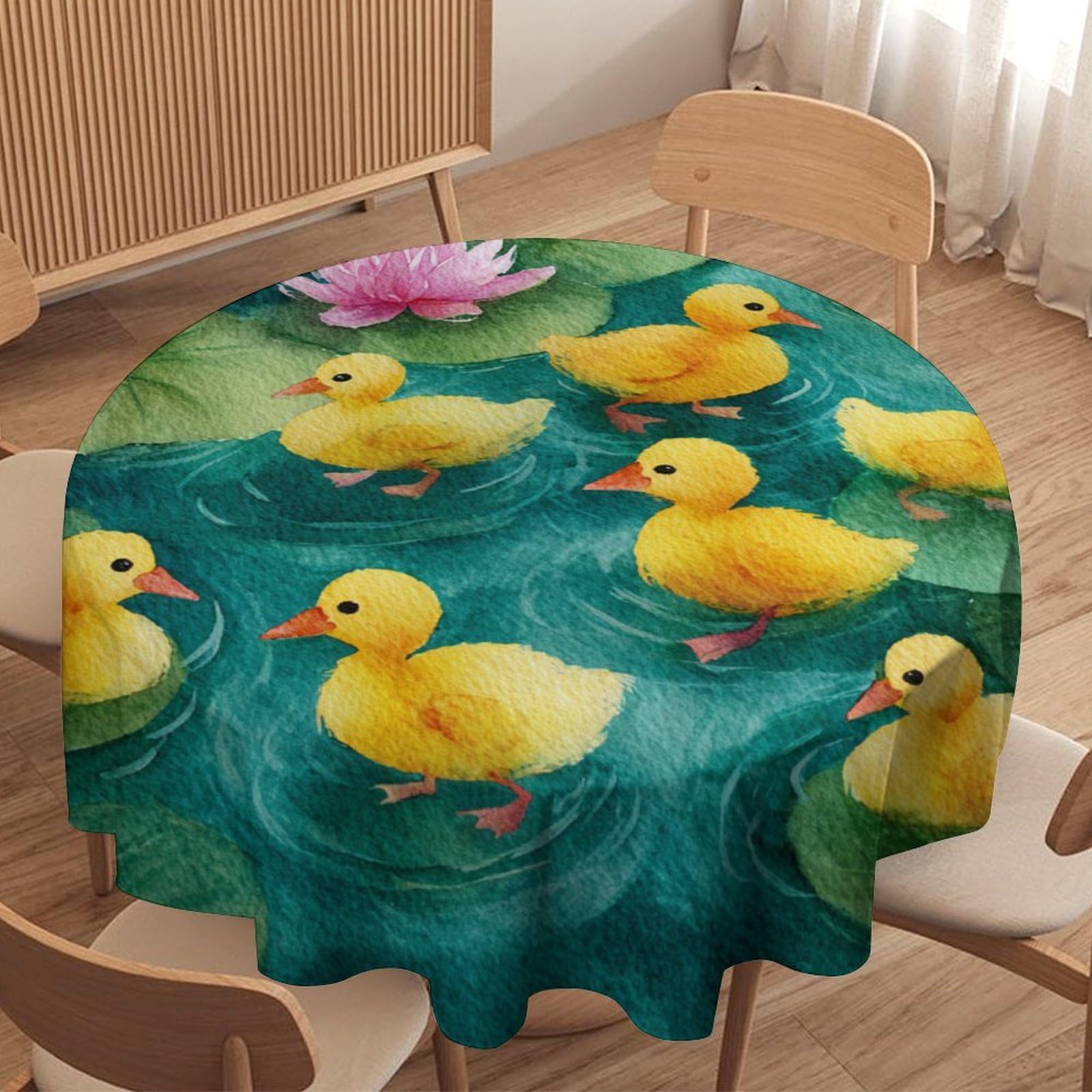 LUYYSKY Cute Realistic Ducks Round Tablecloth Modern Funny Spring Lotus Flowers Animals Ducklings Pattern Washable Decor for Table Cover for Kitchen-177.8" Wx177.8 L cm