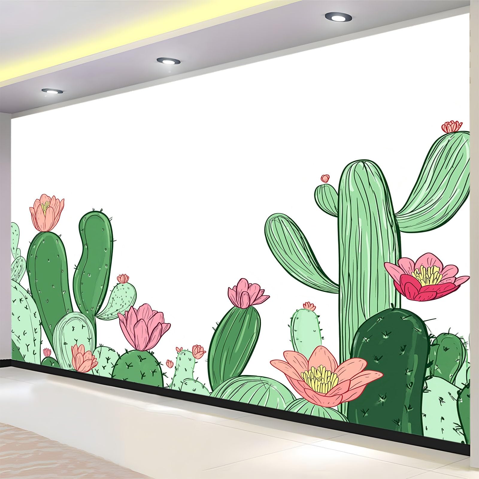 Panoramiczna tapeta botaniczna, 350 x 256 cm, ręcznie rysowana tapeta z kreskówki kaktus zielony kwiatowy XXL - plakat ścienny do salonu, sypialni dorosłych, pokoju dziecięcego i biura