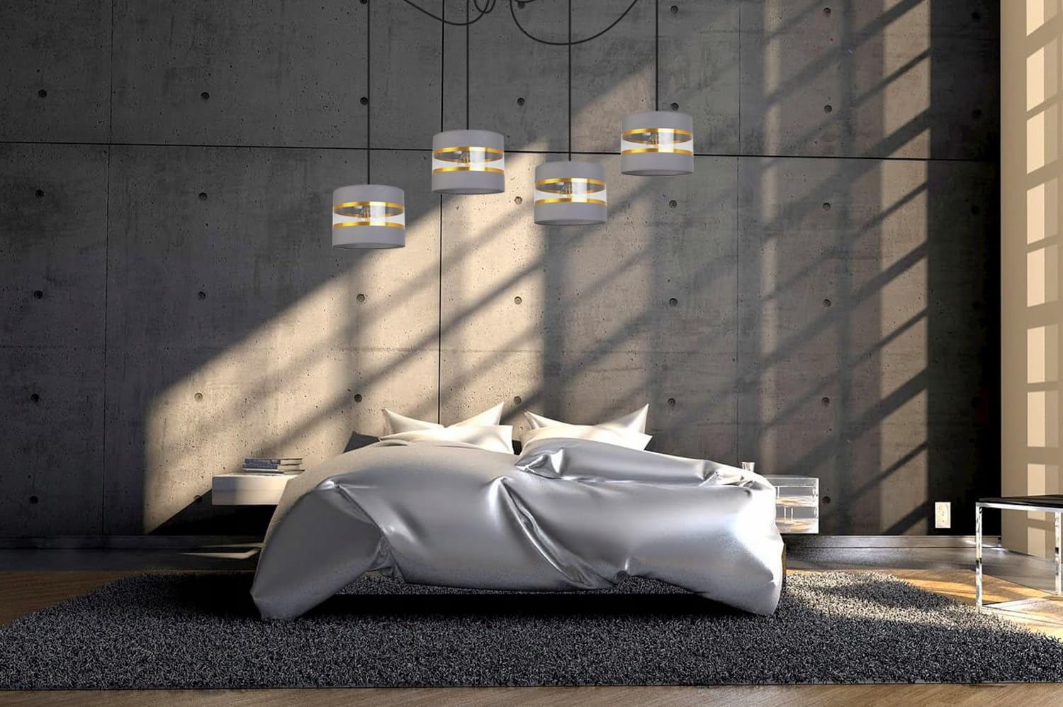 Light-Home Spider Elegance Deckenleuchte Pendelleuchte - Moderner Deckenleuchter für Schlafzimmer Wohnzimmer und Küche im Glamour - E27 mit 4 Lichtpunkten - Lampenschirm Stoff 20cm - Schwarz und Grau