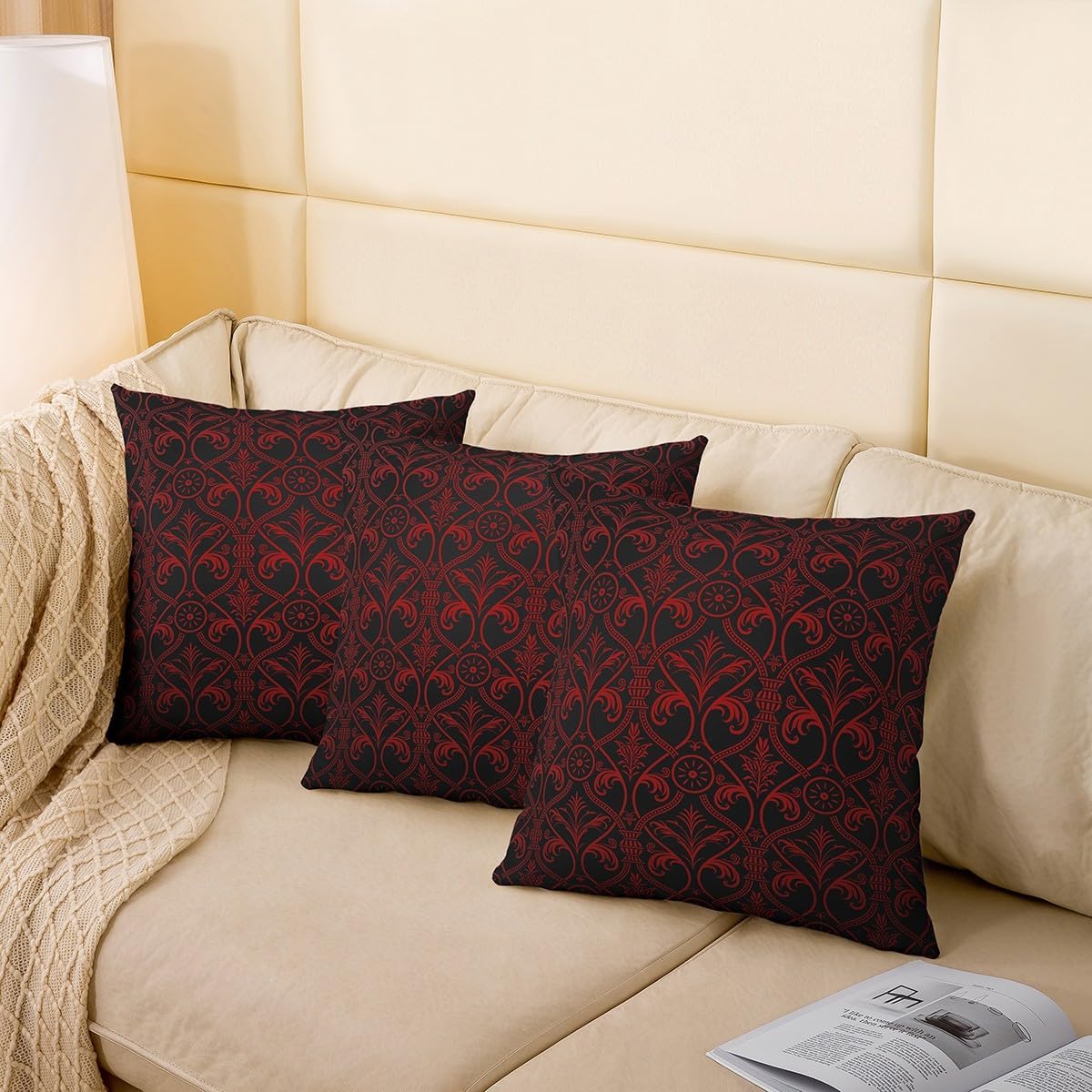 Set of 2 Red Black Ombre Gothic Throw Pillow Covers 24x24 For Boys,Vintage Goth Floral Damask Pillow Covers Antique Victorian Baroque Pillow Covers Hotel Luxury Bohemian Exotic Cushion Covers