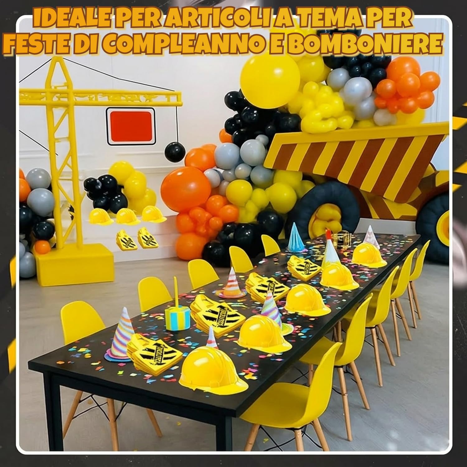 Bedwina Articoli per feste a tema Construction (24 pz) – 12 cappellini gialli da cantiere per bambini e 12 sacchetti regalo a tema Construction