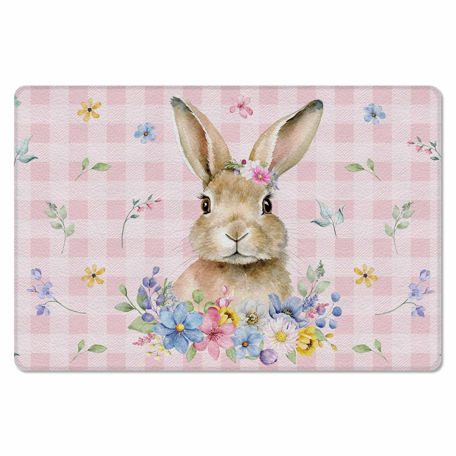 Easter Spring Bunny Kitchen Bath Door Mat Cushioned Runner Rug,Washable Welcome Floor Sink Antifatigue Mat,Waterproof & Non-Slip Comfort Standing Doormat,Buffalo Plaid Check Rabbits Pink Plant 18