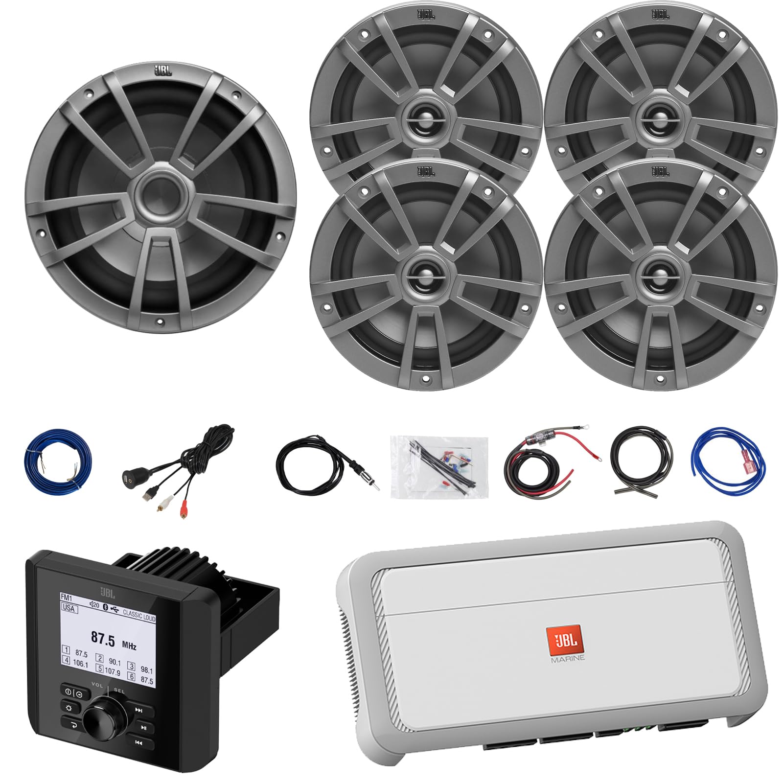 Bluetooth Radio Multi-Element Digital Media Marine Audio Receiver, 4X 6.5 180 Watts 2-Way Multi-Element Gray Boat Speakers, 10