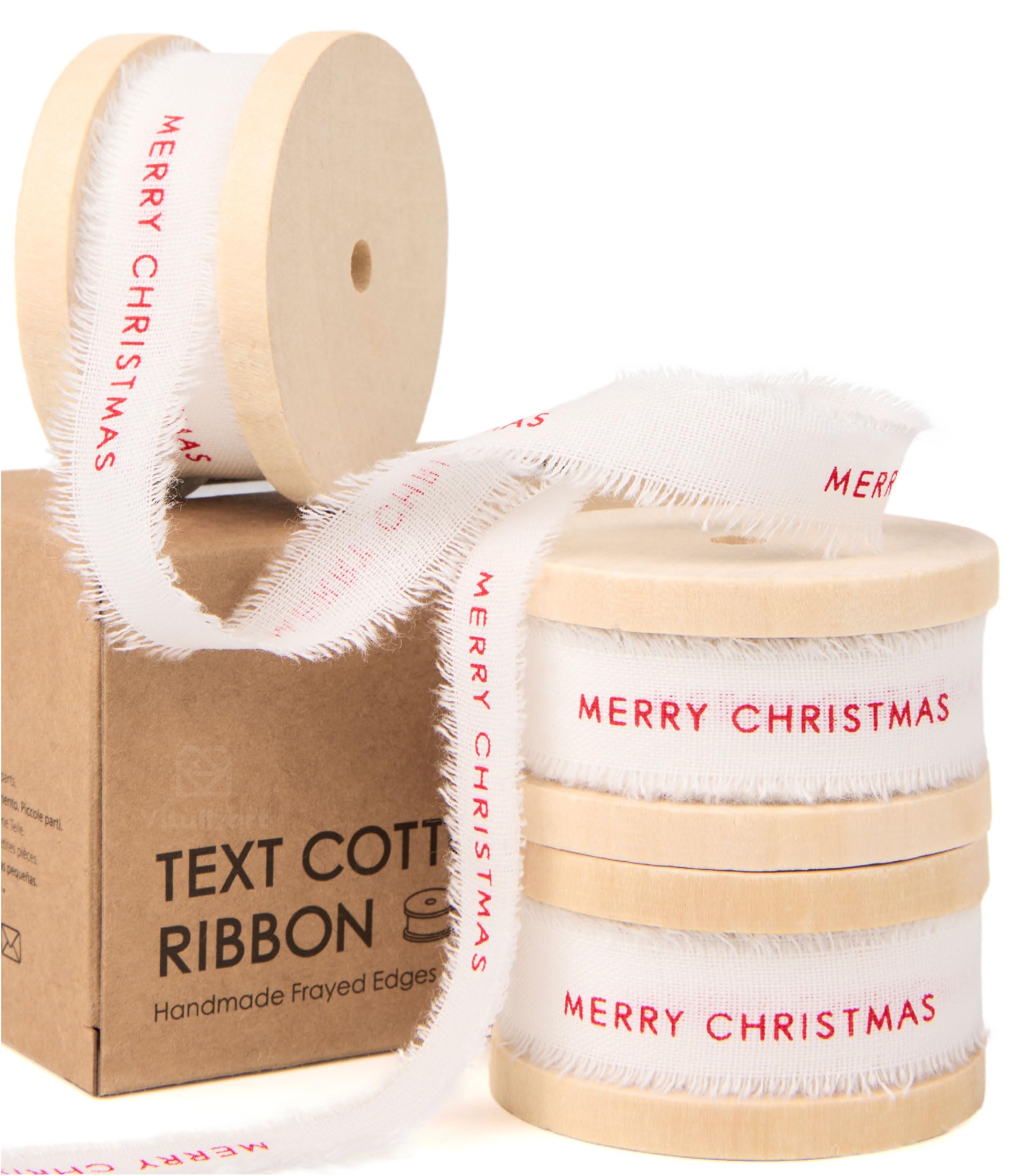 Vitalizart Merry Christmas Cotton Ribbon 5/8 Inch, Natural Handmade Frayed Fringe Ribbons 15 Yd (3 Rolls x 5 Yd) for Gift Wrapping, Crafts, Flower Bouquets, Decoration, Christmas