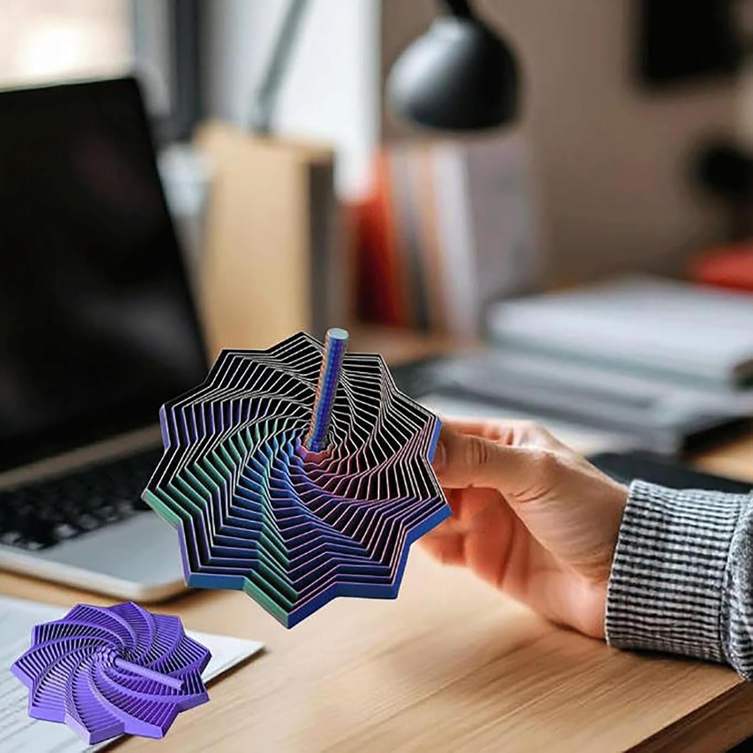 3D Printed Expanded Sensory Fidget Star, Fractal Fidget Hexagon with Handles, Colorful Whirling Spiral Design (Purple, Small)