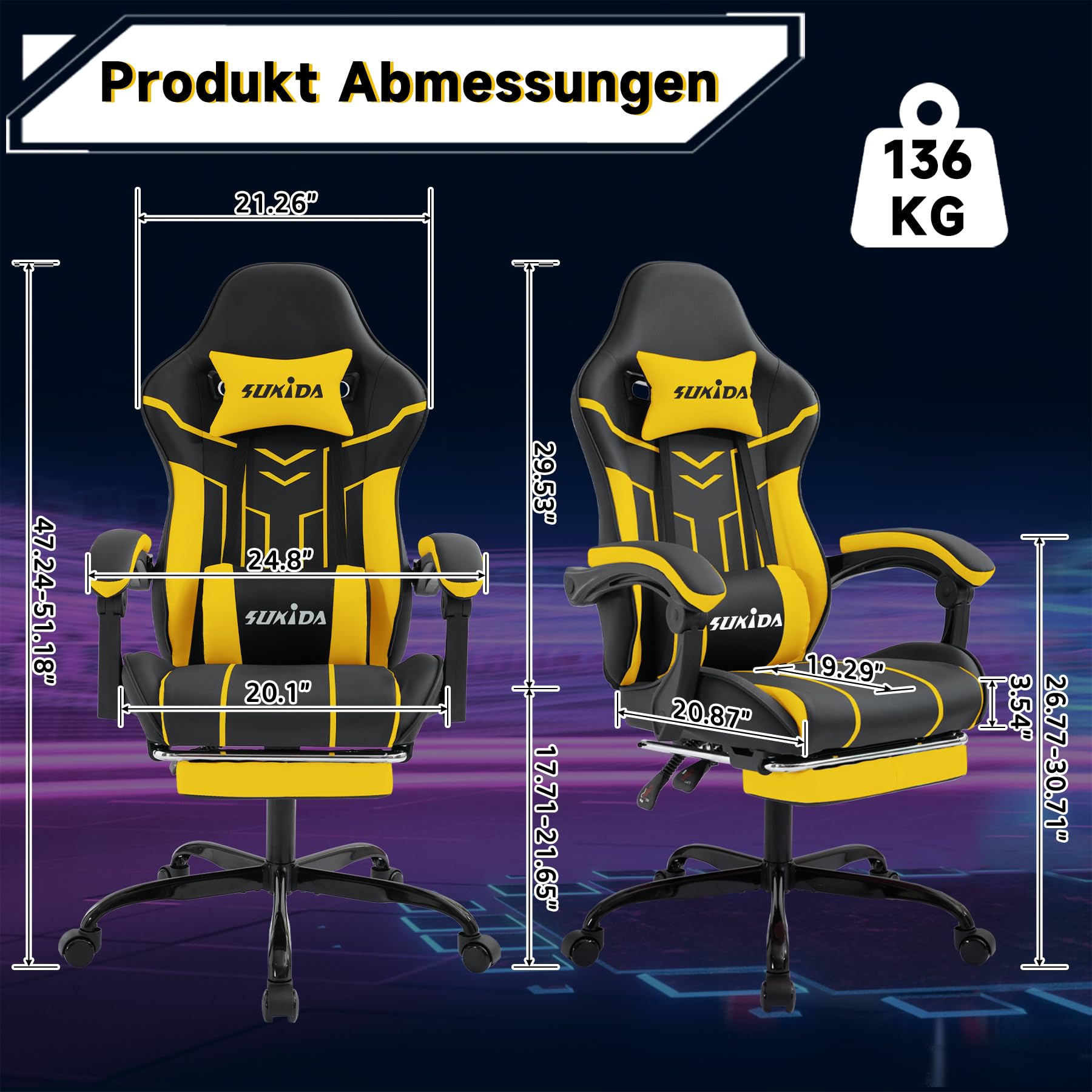 SUKIDA Gaming Stuhl Computerstuhl Ergonomischer Gaming Chair mit Fußstütze Bürostuhl Ergonomischer Computerstuhl mit Lendenwirbelstütze,BlackYellow