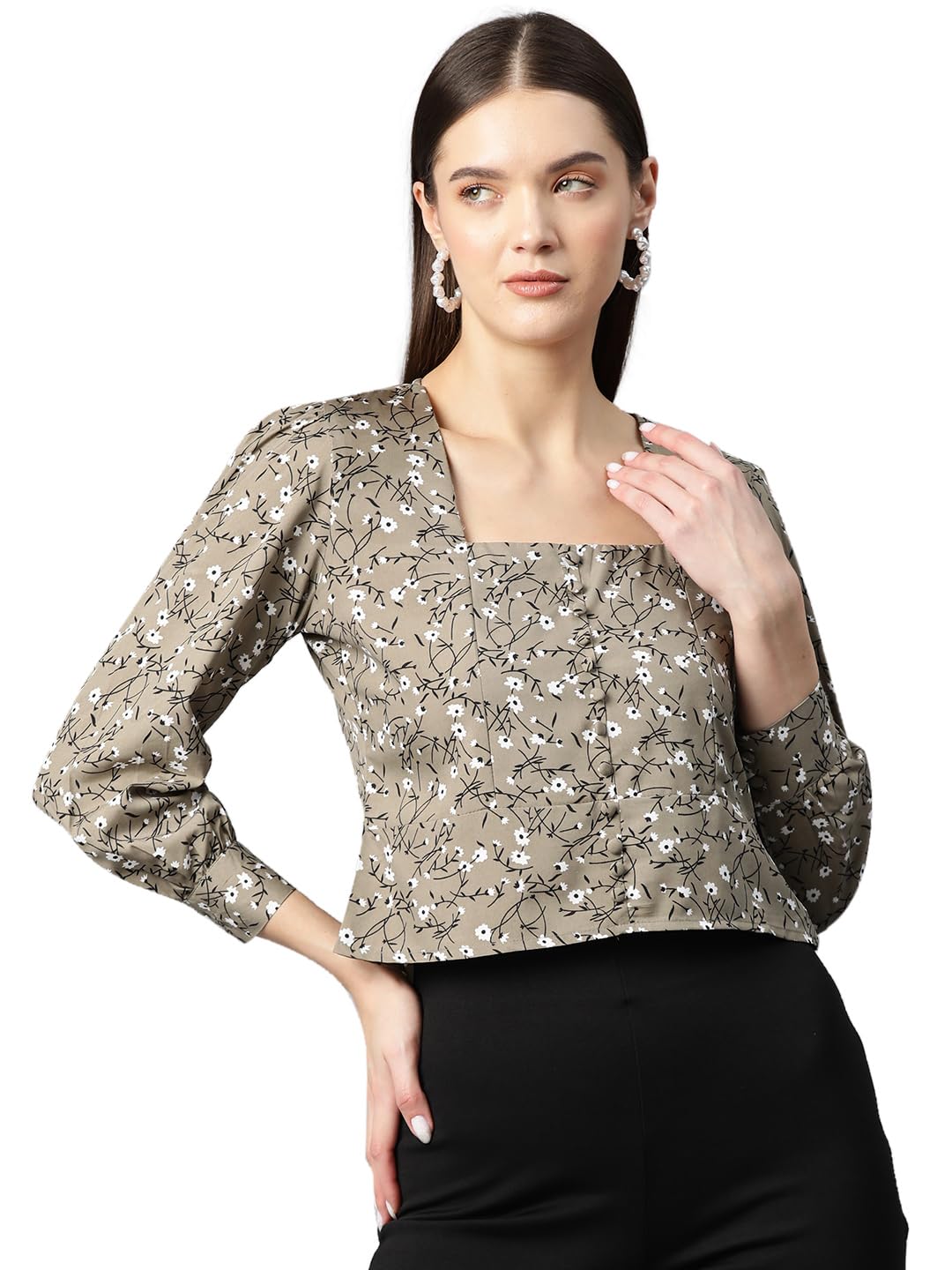 ives Women's Square Neck Grey Printed Short Top Regular Fit-picture-26