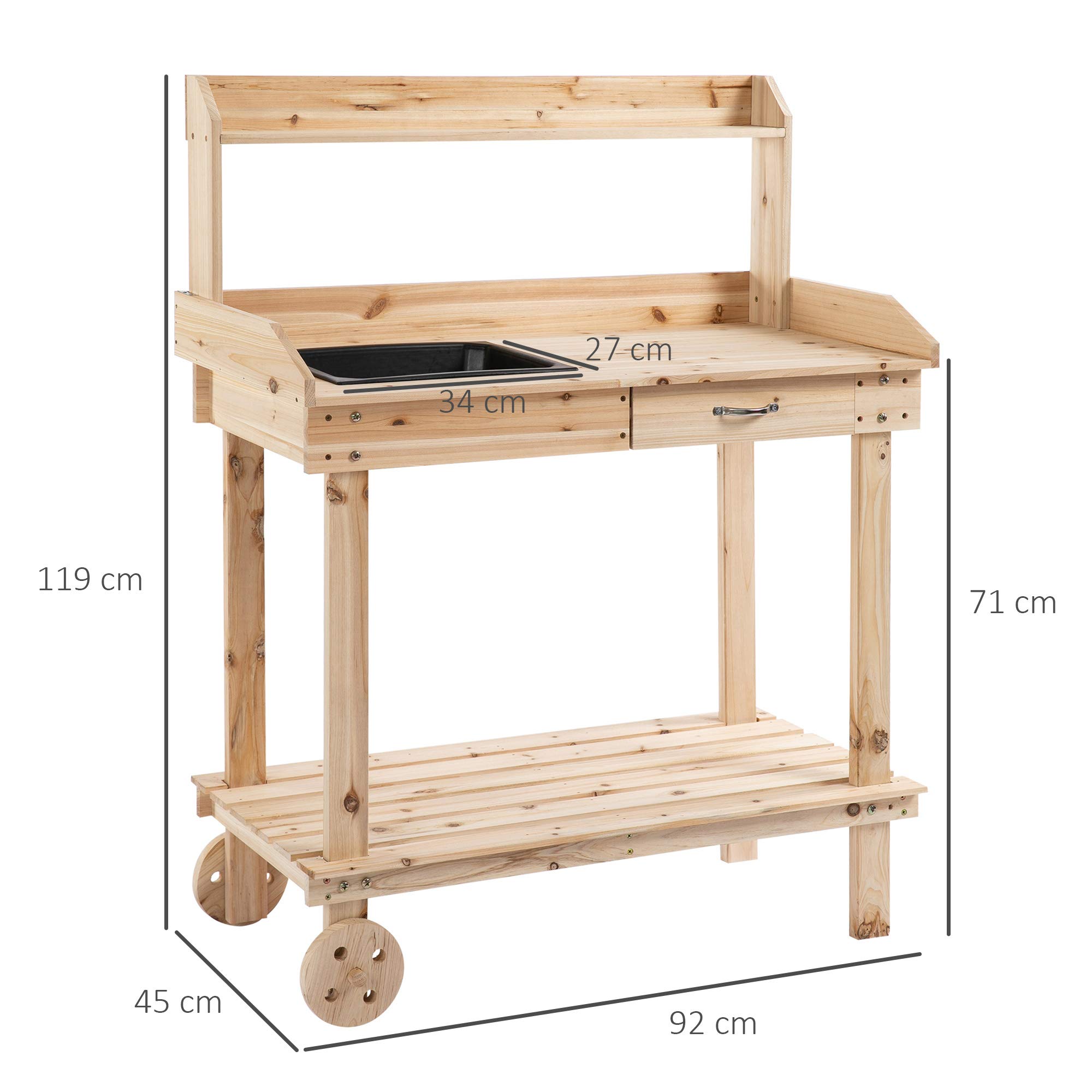 Outsunny Banco de jardín para macetas, estación de Trabajo de Madera, Banco de Trabajo para Plantar al Aire Libre con 2 Ruedas, Fregadero, cajón y Grandes Espacios de Almacenamiento, 92 x 45 x 119 cm