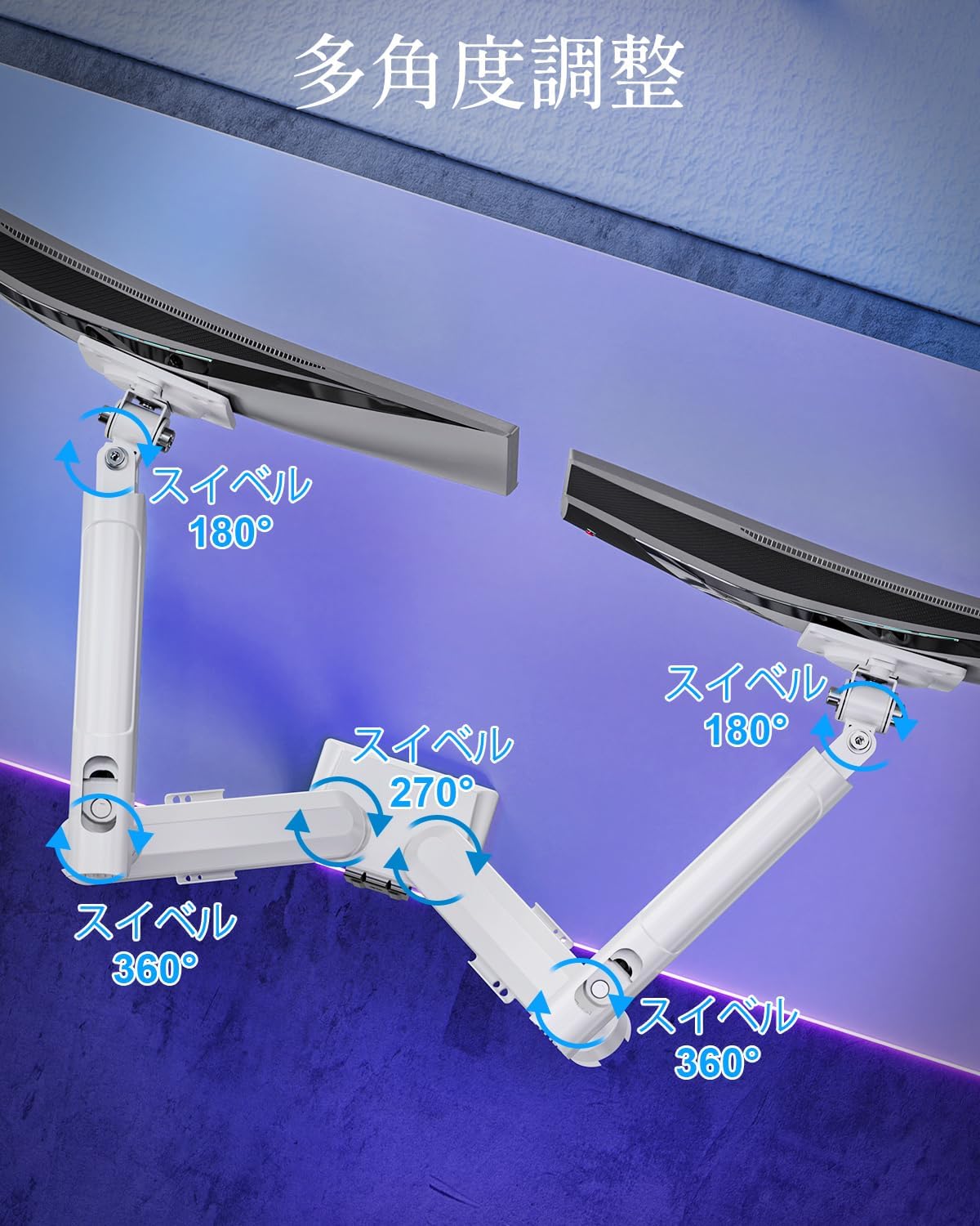 Diagram illustrating the multi-angle adjustment capabilities of the monitor arm, including 180-degree swivel at the monitor, 270-degree swivel at the middle joint, and 360-degree swivel at the base.