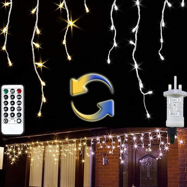 Gresonic 500LED 49ft Color Changing Icicle Lights,Warm White to Cold White Ceiling Fairy Lights ,9 Modes Remote Timer Plug in Curtain String Light for Christmas Wedding(500LED, Warm White/Cold White)