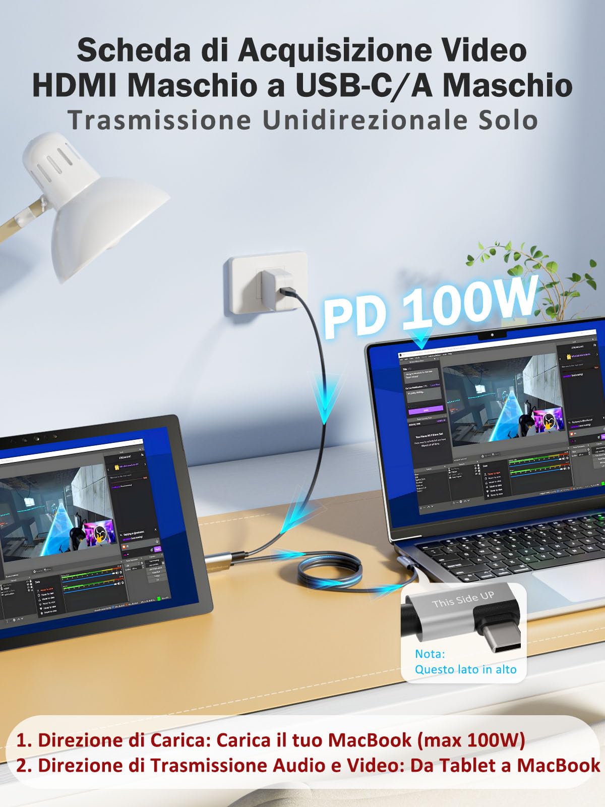Scheda di acquisizione video con PD 100W per Meta Quest 2/3/3s, Adattatore HDMI a USB C/A 1080P60, capture card Plug & Play per Streaming, Registrazione giochi, OBS, Switch, PS4/5, Xbox, Fotocamera,VR