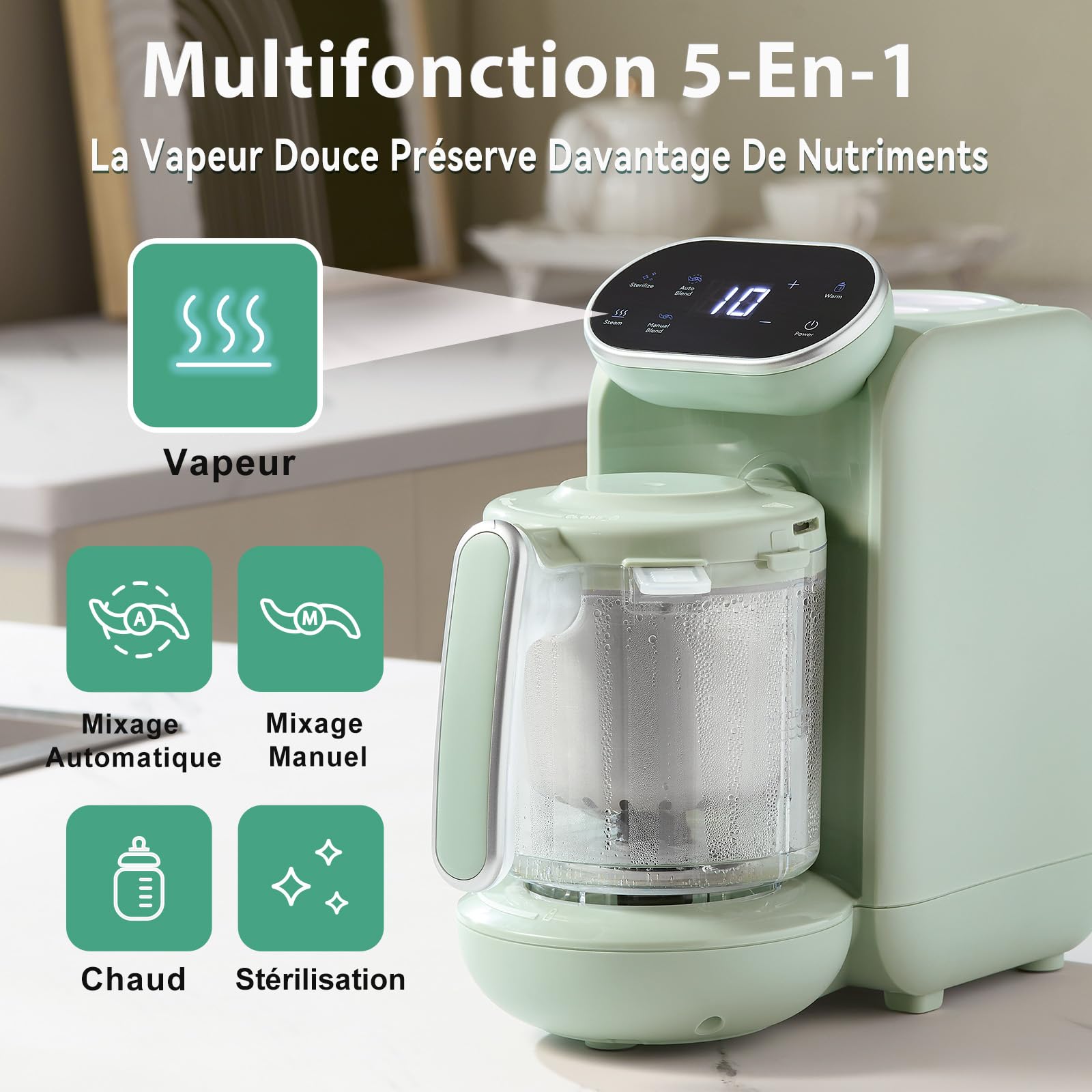 Robot Bébé Cuiseur Mixeur 5-en-1 Chefhandy avec Chauffe-biberon, Stérilisation, Mixage Automatique et Manuel (Vert)