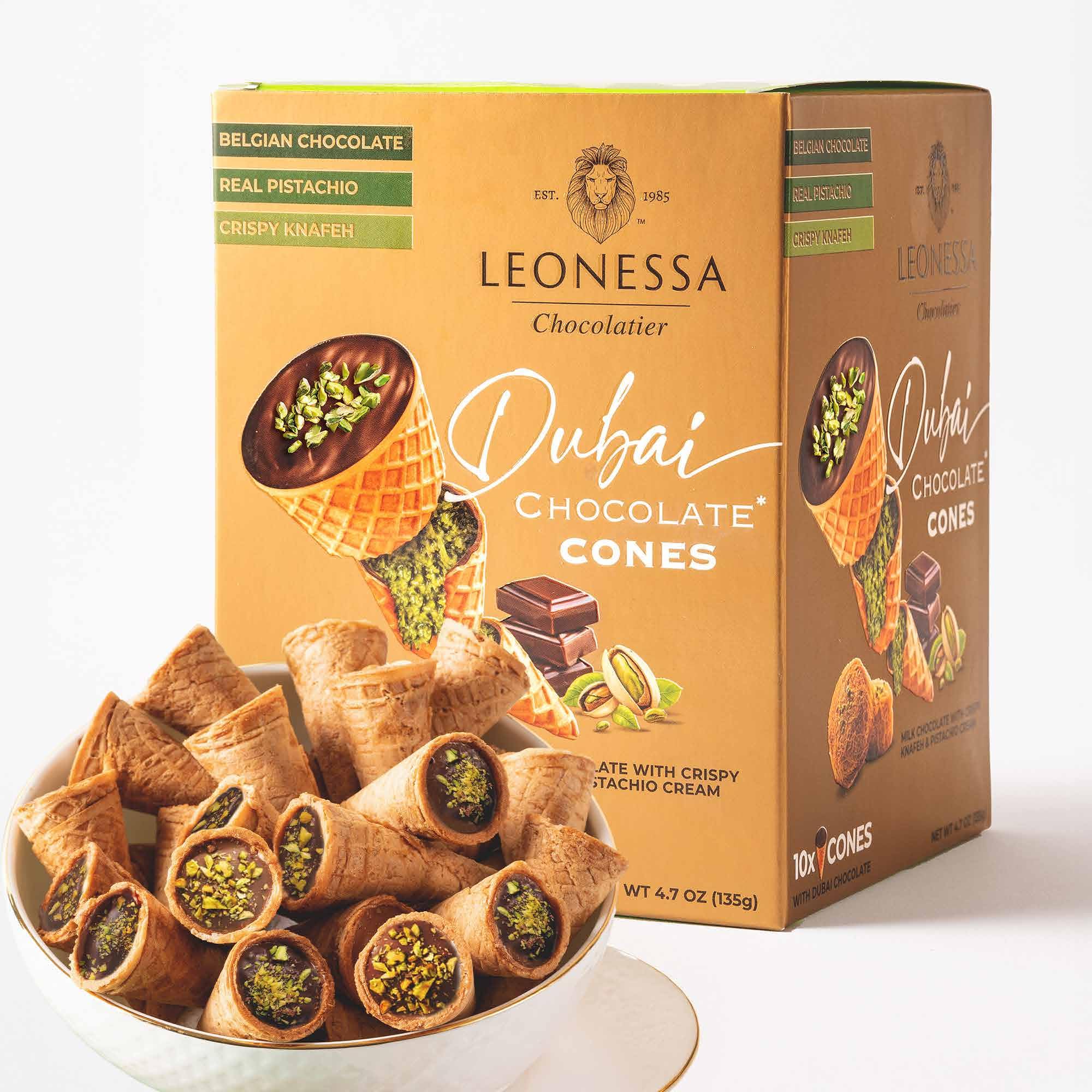 Leonessa Dubai Chocolate Cones with Pistachio Kunafa | Made with Premium Belgian Chocolates | Kunafa Chocolate | Chocolates de Dubai - 4.7 oz