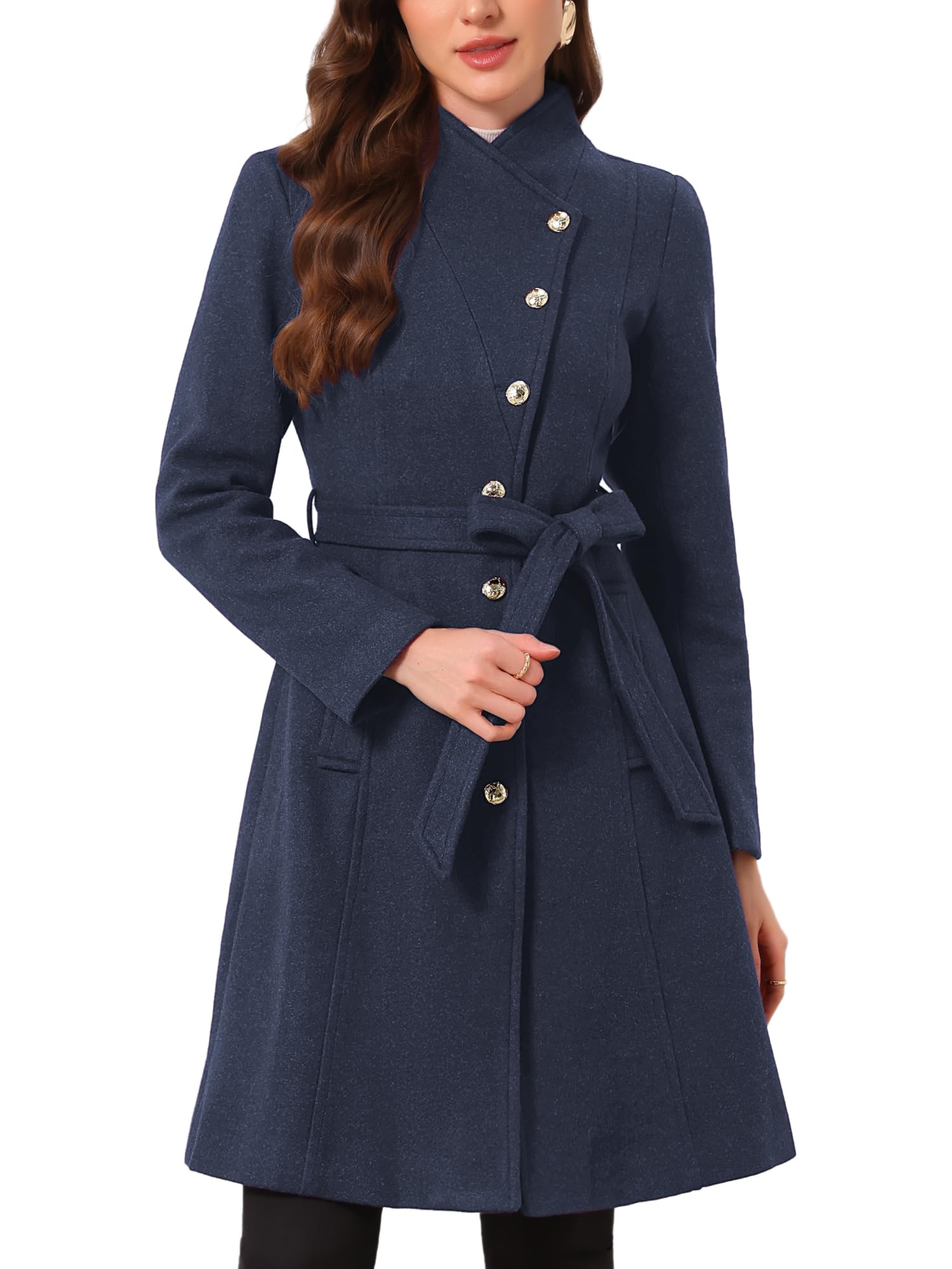 Allegra K Womens Pea Coats Long Winter Stand Collar Belted Trench Coat 2026