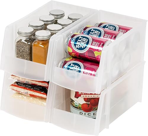 IRIS Contenedores de almacenamiento apilables de plástico transparente de Estados Unidos, tamaño mediano, paquete de 4 unidades, parte delantera