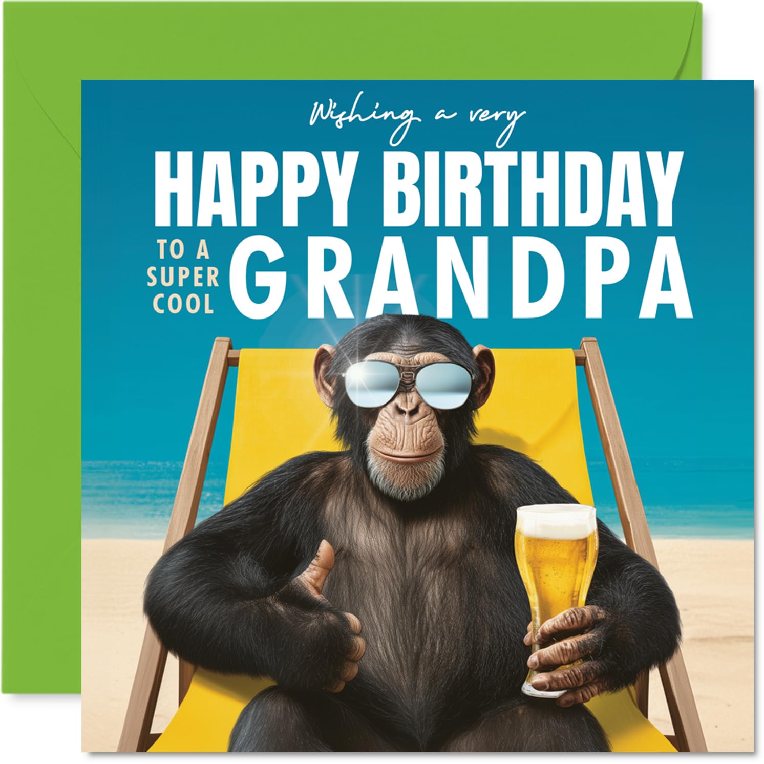 Grandpa Birthday Card - Relaxing Chimp on Beach - Happy Birthday Card for Grandpa from Grandson Granddaughter, 145mm playful animal illustration Bday Greeting Cards