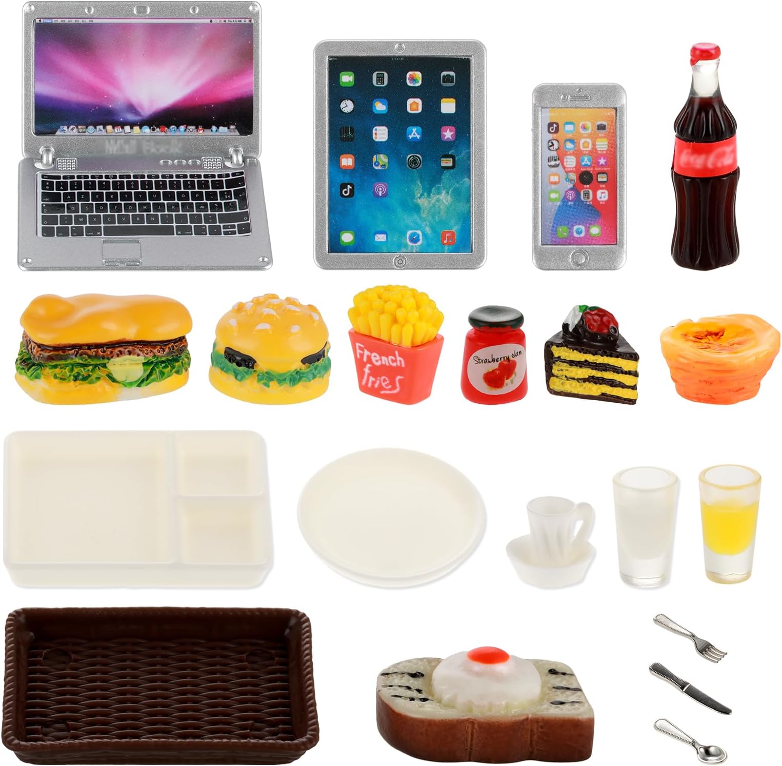 TIESOME Dollhouse Miniatures Laptop Food Drink Set, 21 Pcs Simulation Phone Computer Hamburger Breakfast Model 1:12 Doll House Decoration for Photo Props DIY Pretend Play