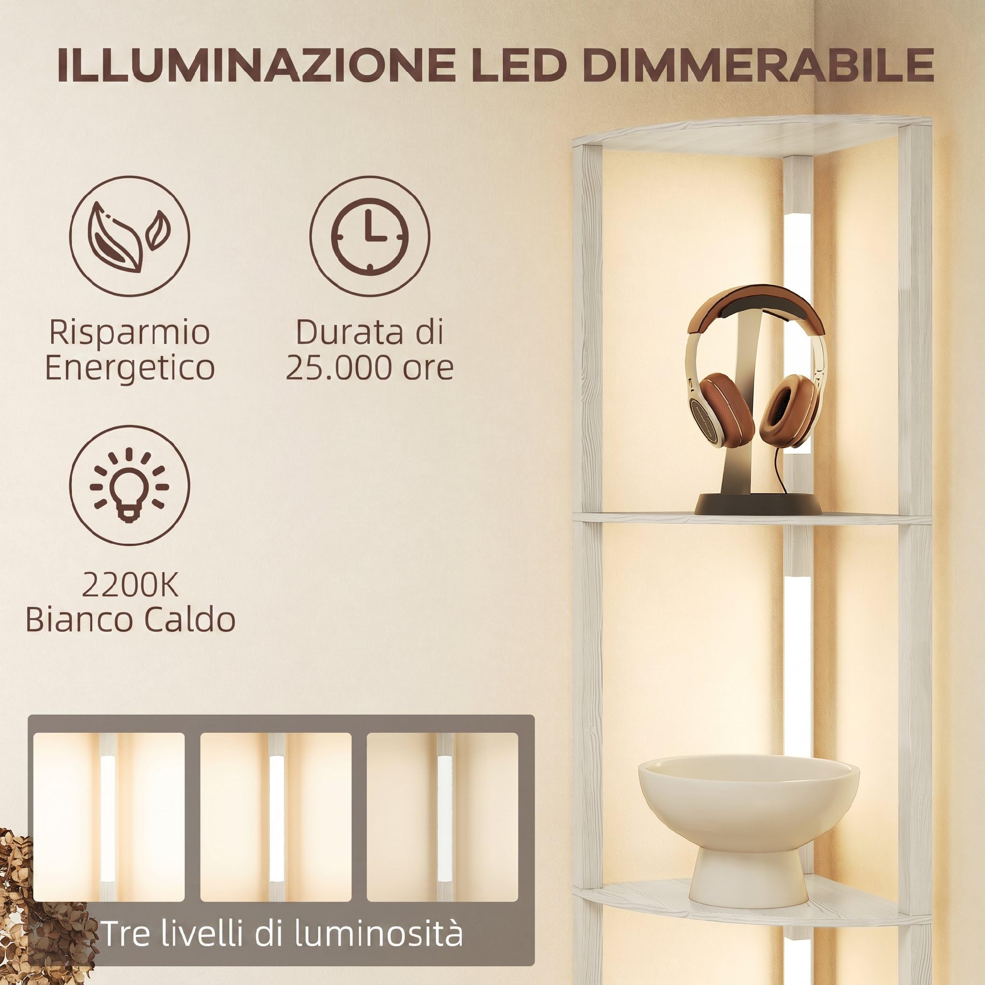 HOMCOM Lampada da Terra con 4 Ripiani Regolabile 41x29.5x163.5 cm Rovere | Da LED da 3000K, 3 Livelli, Lampada Moderna a Colonna in MDF
