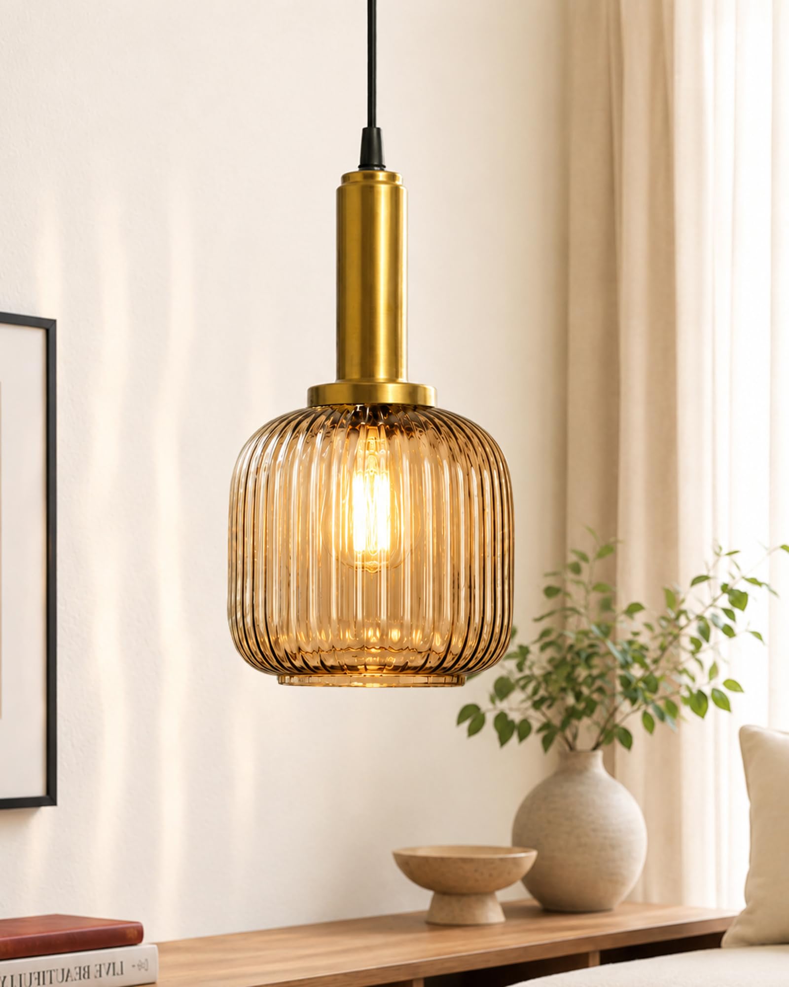Homesake® Amber Ribbed Glass Hanging Pendant Light, Antique Brass Fluted Glass Ceiling Lamp, Modern Vintage Pendant Light Fixture for Kitchen Island, Dining Room, Living Room & Bedroom-image-24