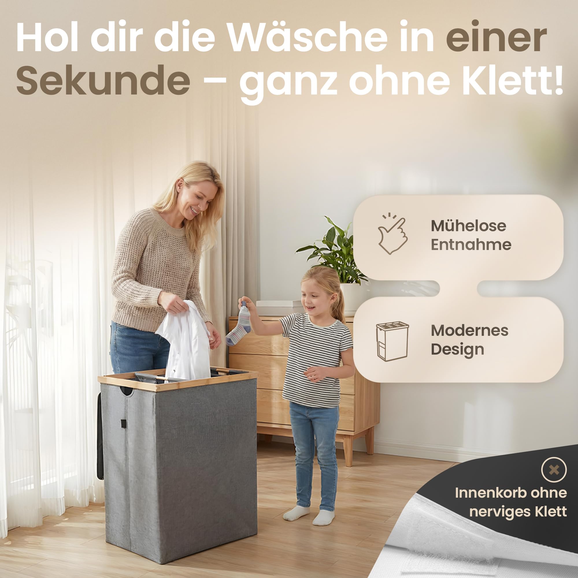Wäschekorb 3 Fächer mit Deckel – kein Klett, keine Schlaufen, herausnehmbare Wäschesäcke, stabiler Bambusrahmen, 150L Wäschesammler, mit Seitentasche & 3 Waschbeuteln, grau – Evolune Living - 3