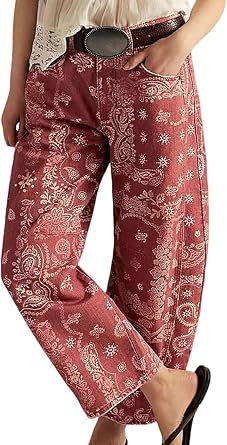 Barrel Jeans Women Wide Leg Mid Rise Floral Print Y2k Boyfriend Bohemian Baggy Jeans Loose Fit Denim Ankle Pants