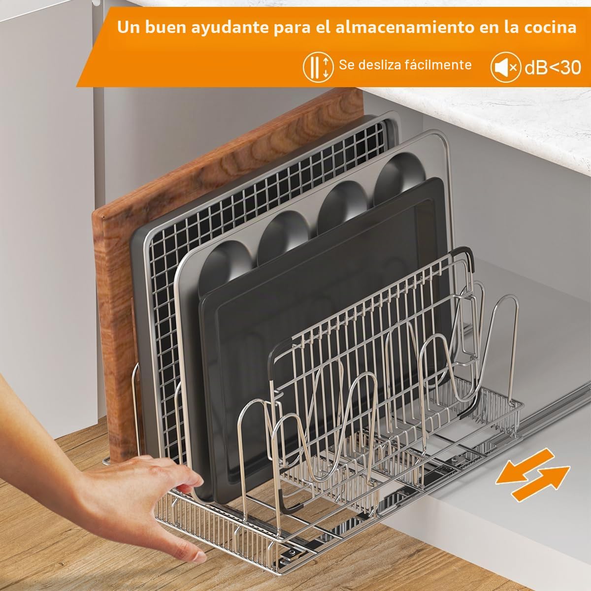 VyGrow Organizador de ollas y sartenes debajo del gabinete, organizador de ollas y sartenes con 10 separadores ajustables, universal, organizador de gabinete extraíble para tapa de olla, tabla de