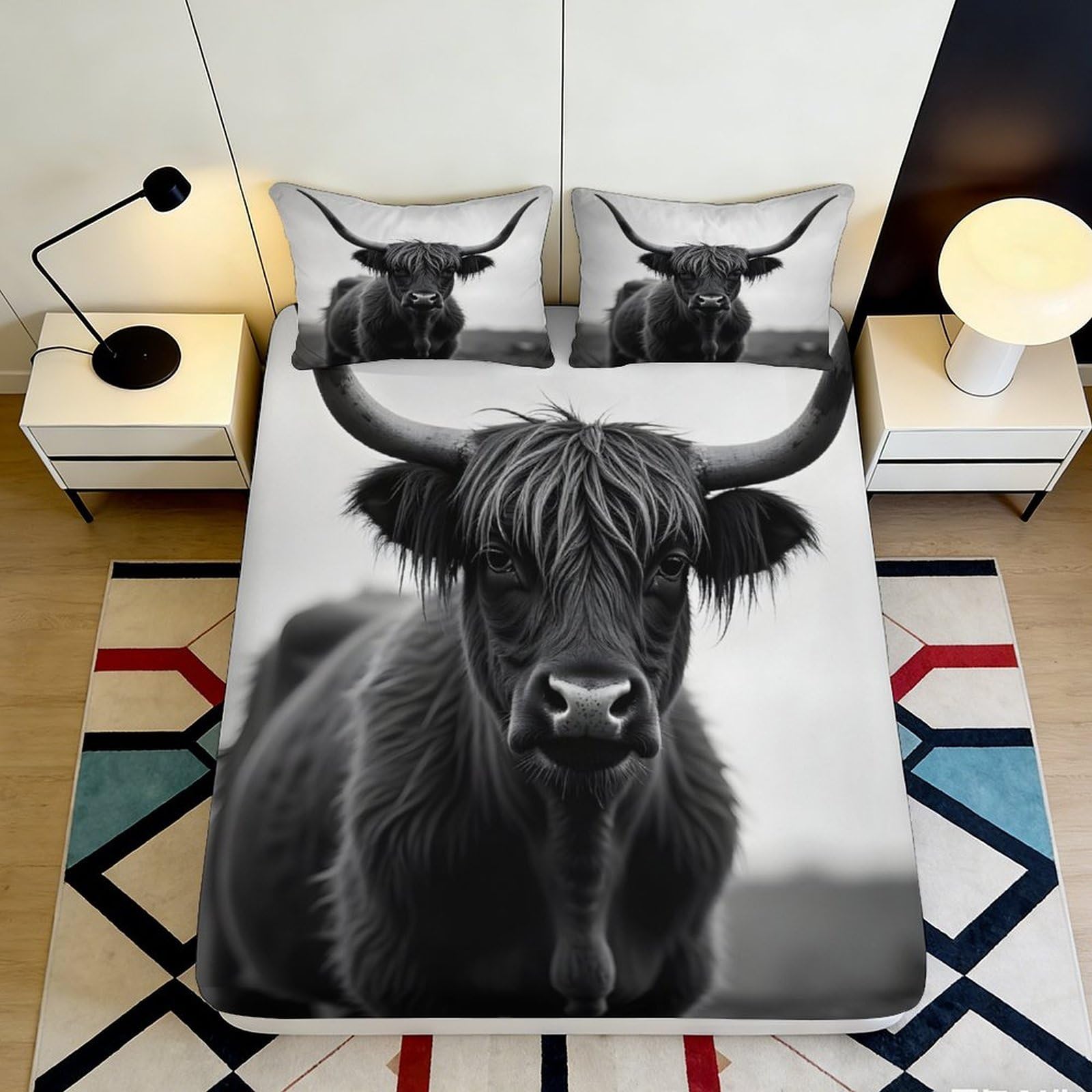 3D Printed Highland Cow Fitted Sheet Microfiber Soft Breathable Black White Cattle Mattress Cover Bedroom Decor 120x200x25cm