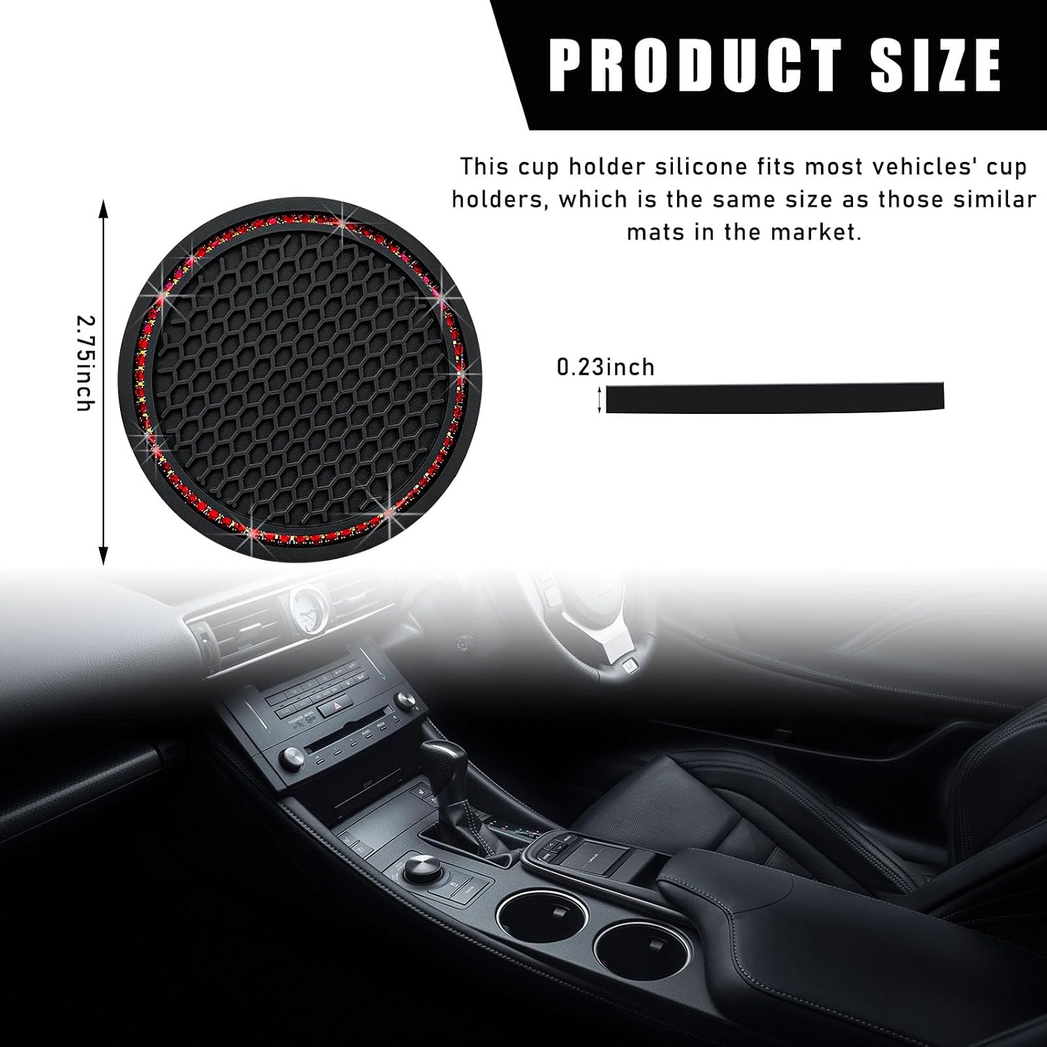 2 PCS Bling Car Cup Coaster, 2.75 Inch Crystal Rhinestone Auto Cup Holder Insert Coaster, Anti-Slip Durable Car Drink Cup Mat, Universal Vehicle Interior Decor Accessories (Black & Red) thumbnail
