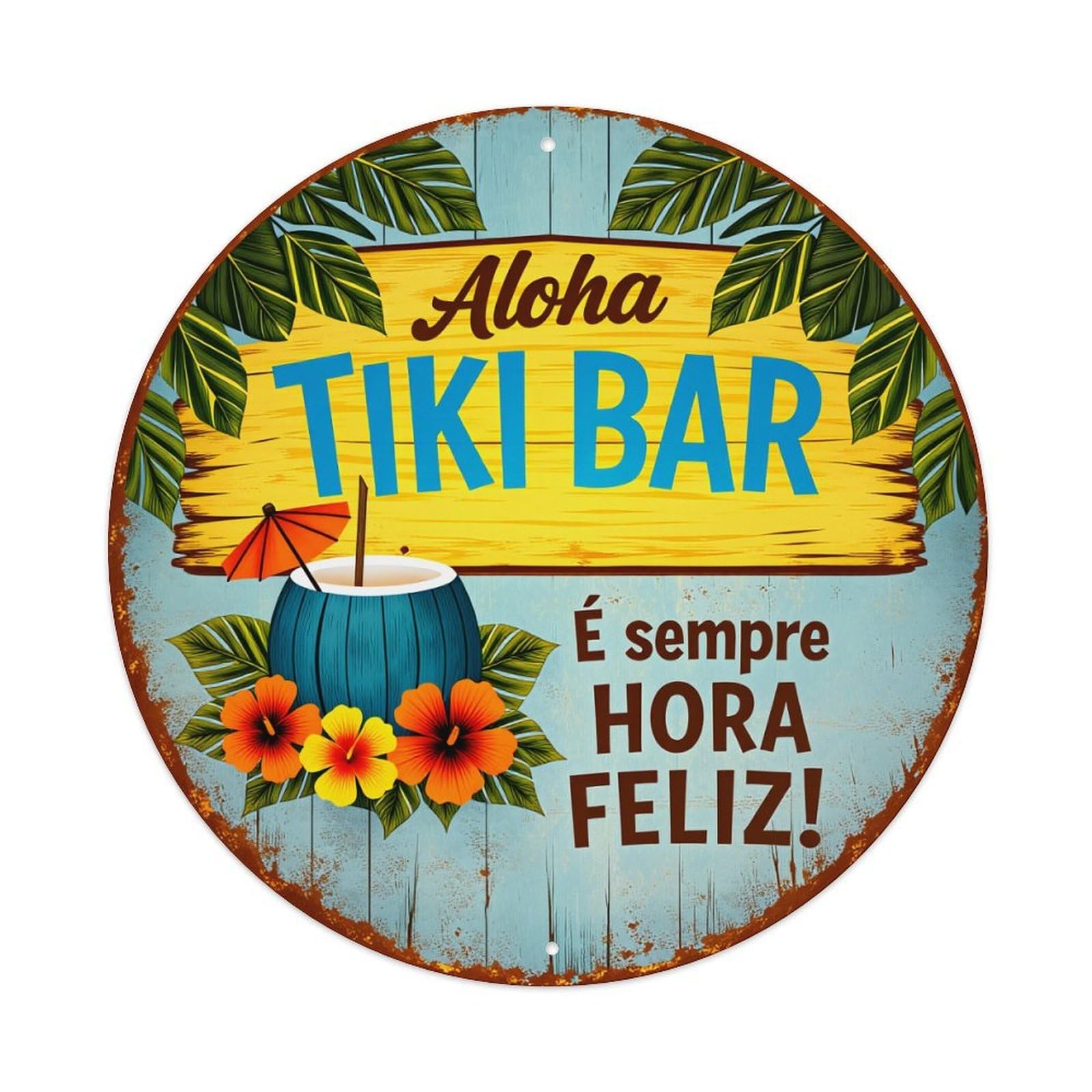 Aloha Tiki Bar Coconut Drink Flowers Leaves Metal Tin Sign Plaque