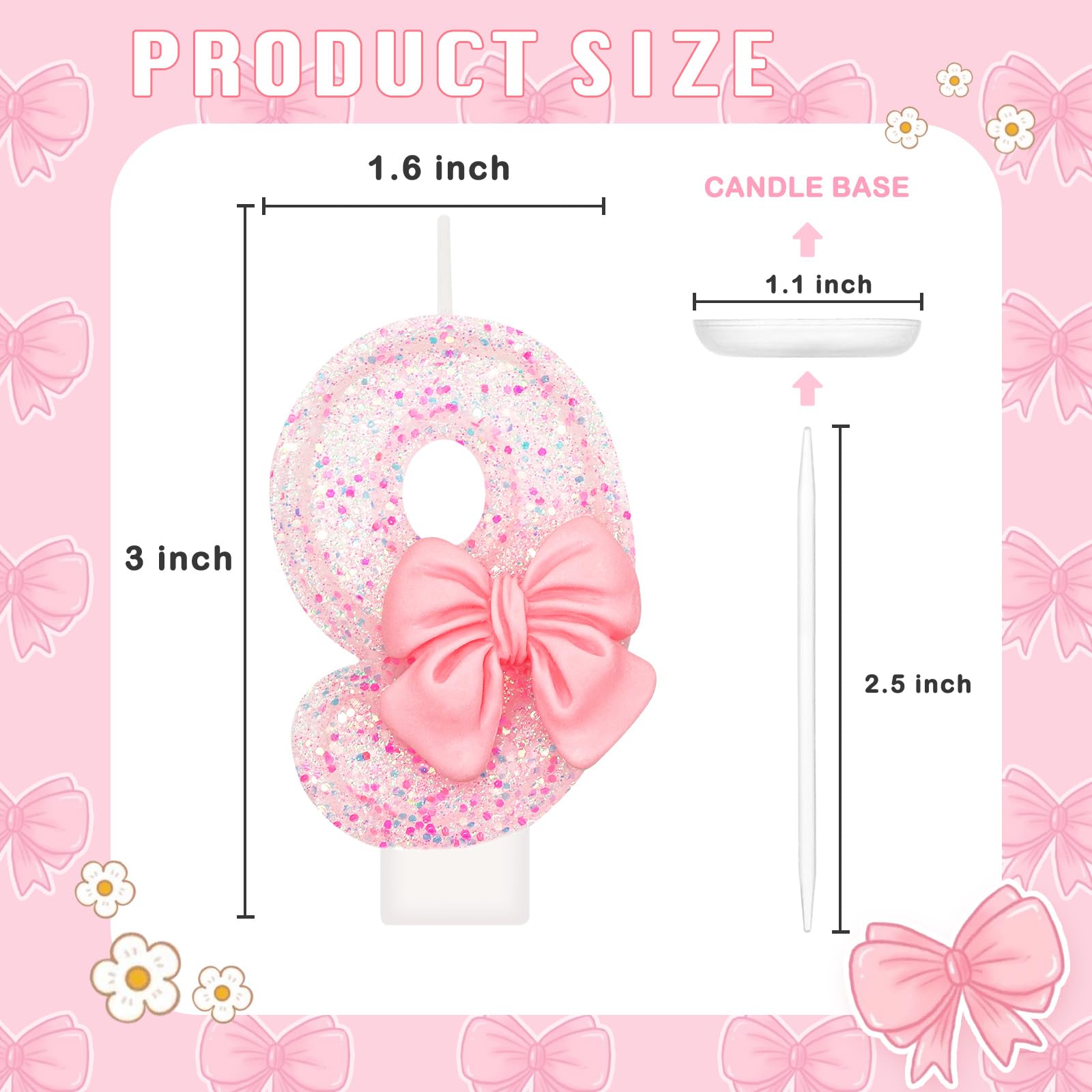 Pink Bow Birthday Candles, 9th Birthday Candle for Pink Birthday Decorations, Number 9 Candle Cake Topper Decoration, Cake Candles for Boys and Girls Theme Party Supplies