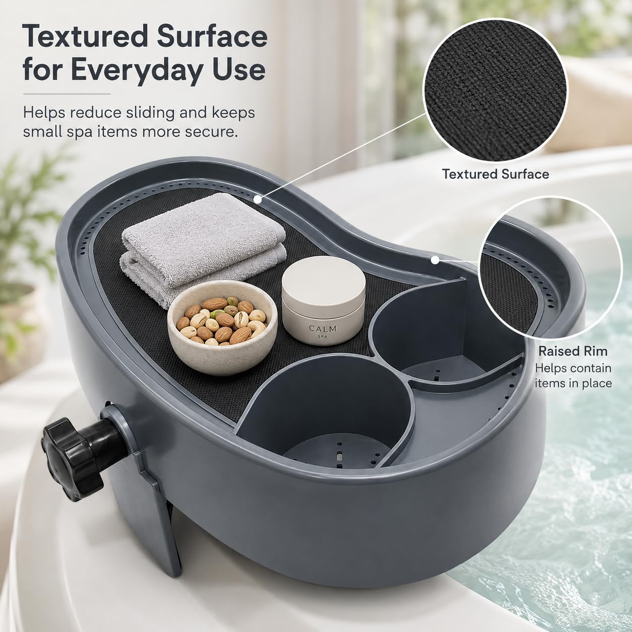 Hot Tub Tray for Outdoor Spa with 2 Cup Holders | Non-slip clamp base keeps snacks, books and essentials within reach; tool-free setup for relaxed soak time.