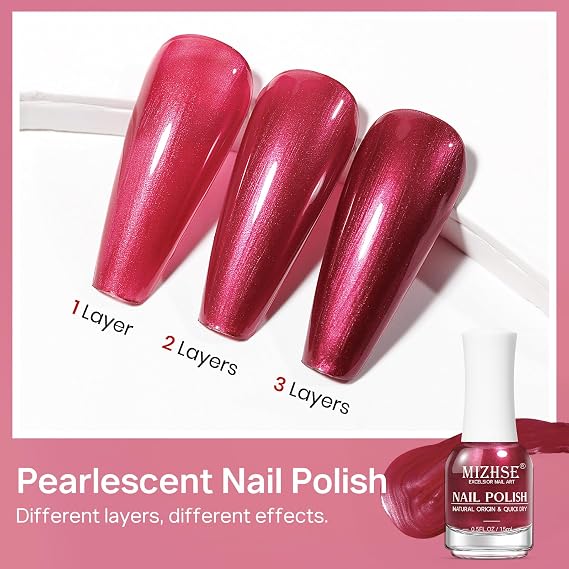 MIZHSE Pearlescent Red Nail Polish, Quick Dry Pearl Nail Polish High Shine