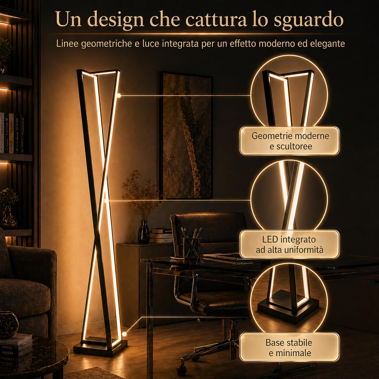 Arcadia Lampada da Terra LED Moderna Forma di Clessidra | Piantana Design Contemporaneo | Luce Calda/Fredda | Lampada Salotto Camera da Letto Studio, Arredo Interni Elegante 125 cm 3000 Lumen (Nero)