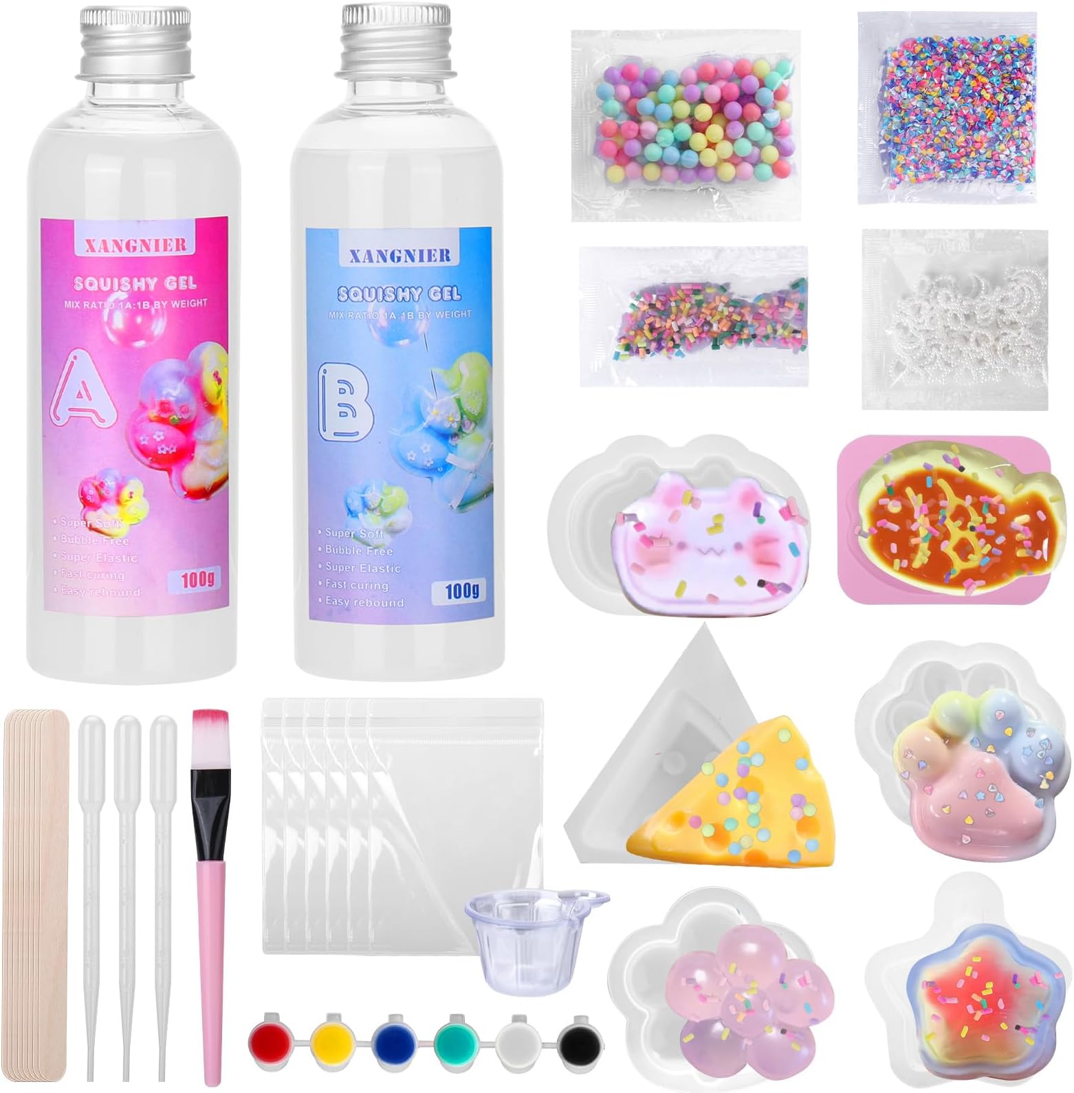 XANGNIER Taba Squishy Maker Kit,DIY Taba Squishy Making Kits-Liquid Silicone+6 Molds+Art Crafting Molding Supplies Sets,DIY Decompression Gifts