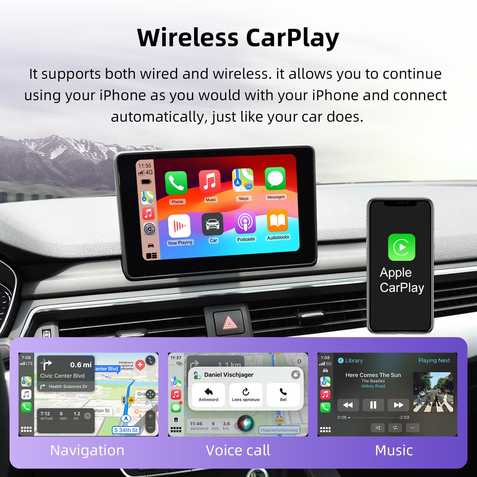 EZoneTronics CarPlay inalámbrico y Android Auto Retrofit Kit para Audi A4/A5/A6/A7/Q2L/Q5L/Q7 2014-2022 con Sistema MIB/MMI 3G Plus OEM Decodificador Plug & Play con MirrorLink SWC WiFi BT GPS Siri