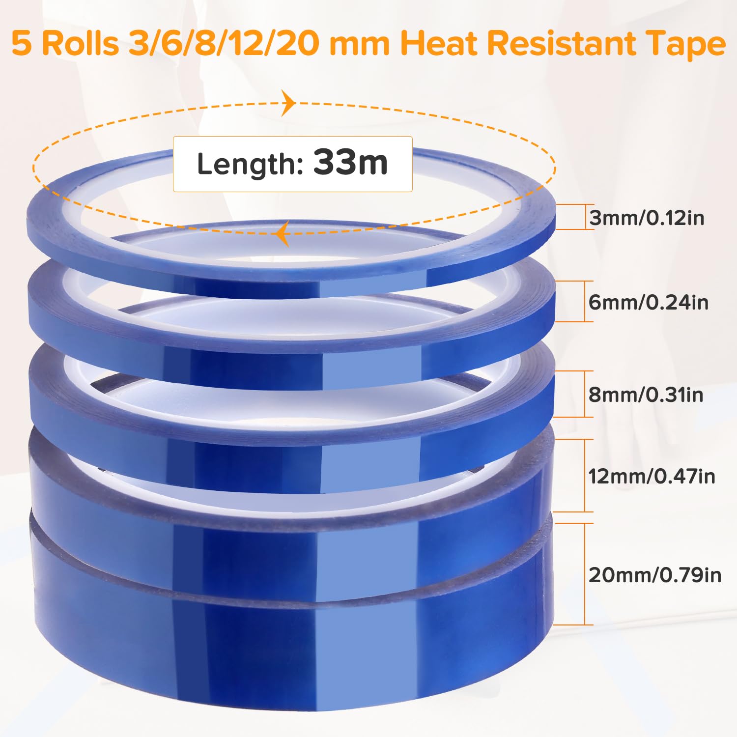 Lyeteung 5 Rolls 3/6/8/12/20 mmx33m Heat Resistant Tape, Heat Tape Sublimation, for Electronics Printing DIY Crafts Blue - Image 2