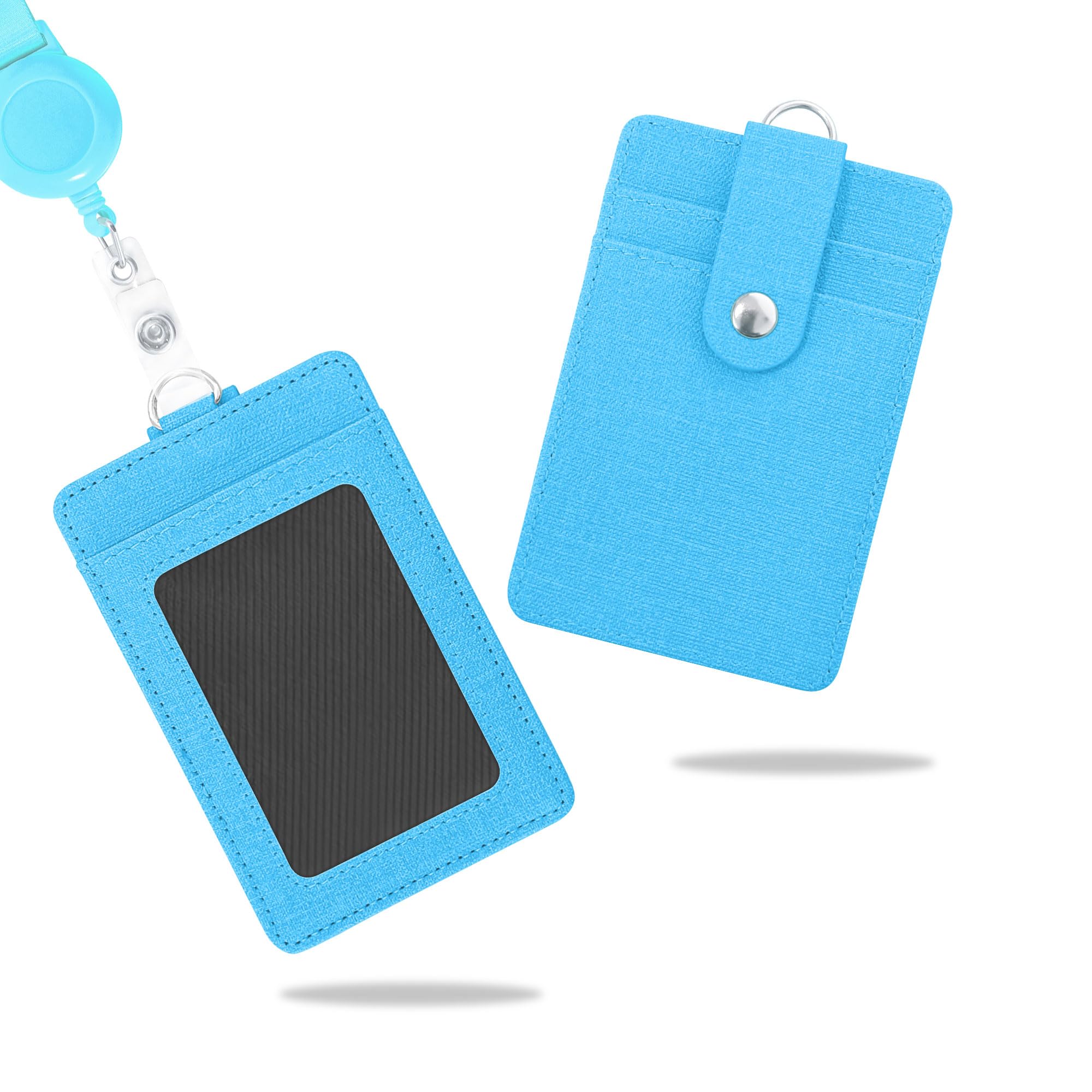 Wocoxo ID Badge Holder with Retractable Lanyard, Vertical PU Leather ID Badge Card Holder with 2 Card Slots (Sky Blue)