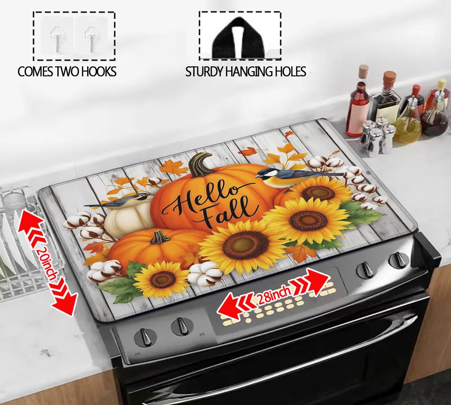 Fall Stove Top Cover for Electric Stove 28" x 20" Autumn Sunflowers Pumpkin Glass Flat Heat-Resistant Top Stove Mat for Kitchen Ceramic Countertop Oven Induction Cooktop