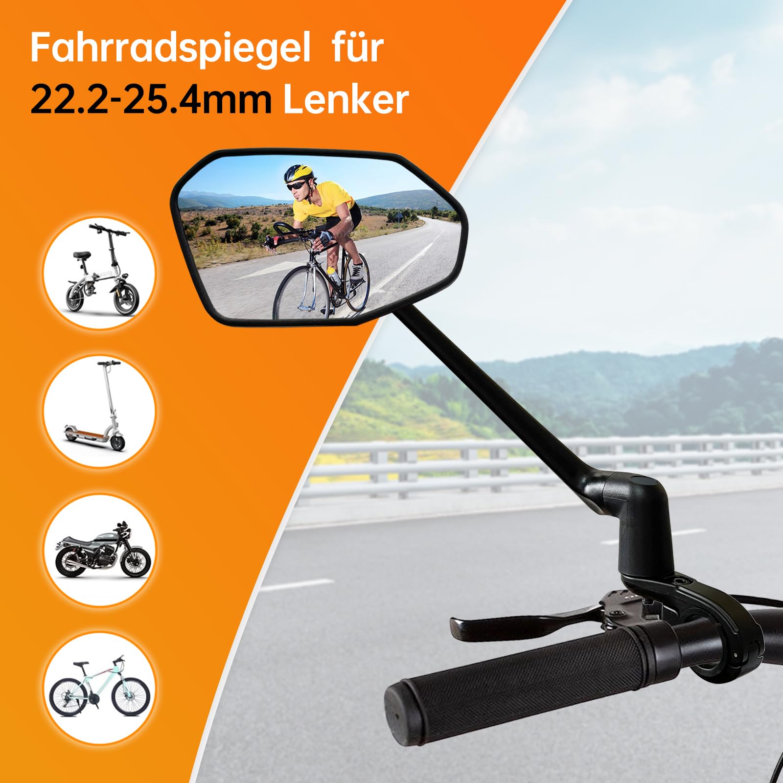 Espejo Retrovisor Bicicleta, Plegable Espejo Eléctrico para Bicicleta Apto para Bici de Montaña y Patinetes Eléctricos. Espejos Retrovisor Exterior para Manillar Izquierdo (22,2-25,4 mm).