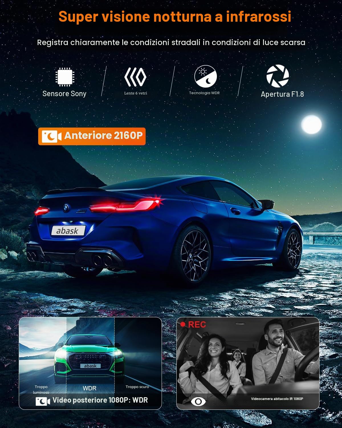 Abask Dash Cam 4K WiFi GPS 3 Canali Telecamera per Auto 4K+1080P+1080P, Visione Notturna IR, 24H Monitor di Parcheggio, Sistema di Reverse, G-Sensor, Registrazione in Loop, Grandangolare, WDR,Max 256G