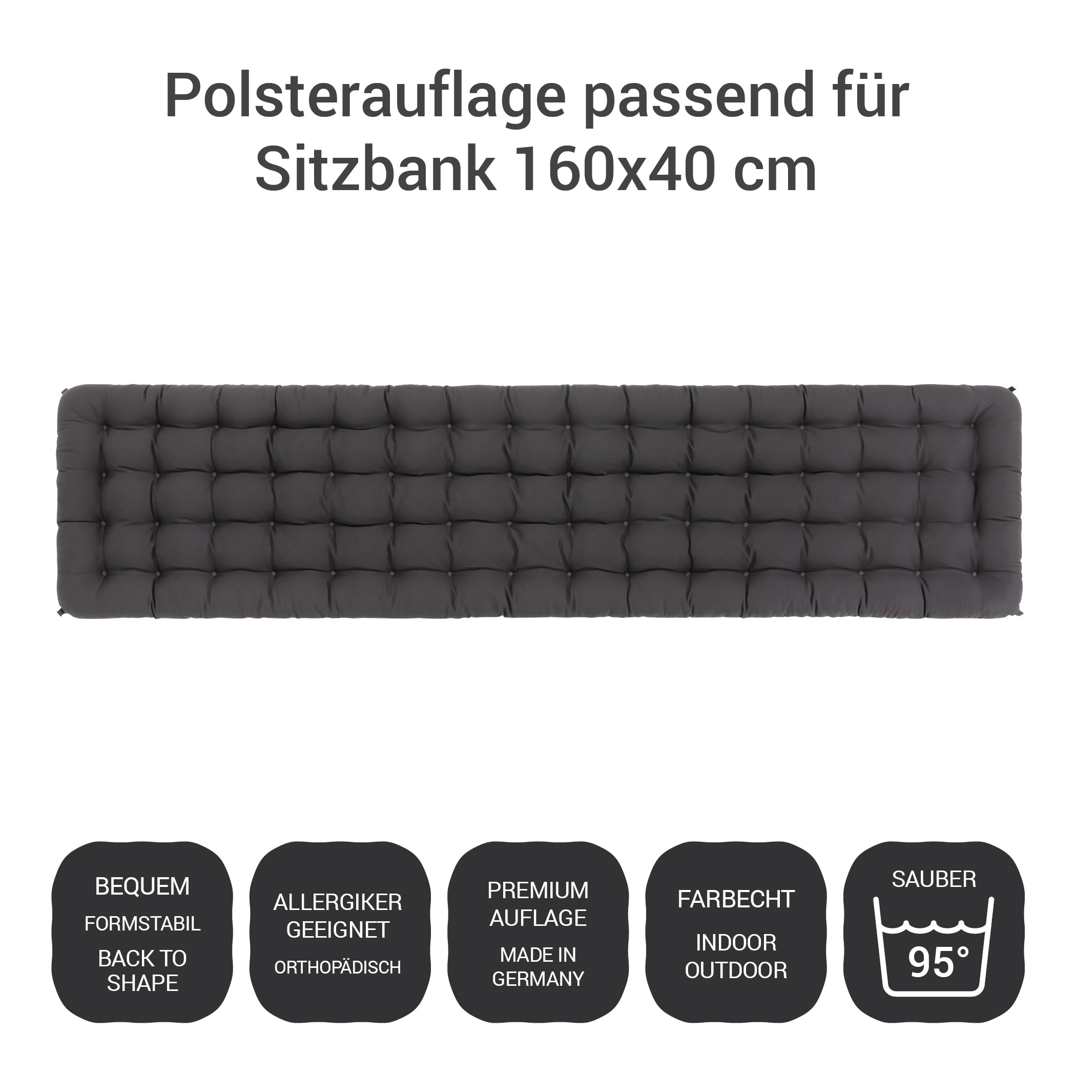 Poduszka na ławkę, wygodna poduszka do siedzenia – ortopedyczna nakładka na siedzisko, nadaje się do prania w temperaturze do 95°C, wyprodukowano w Niemczech (szary/antracyt, 160 x 40 cm)