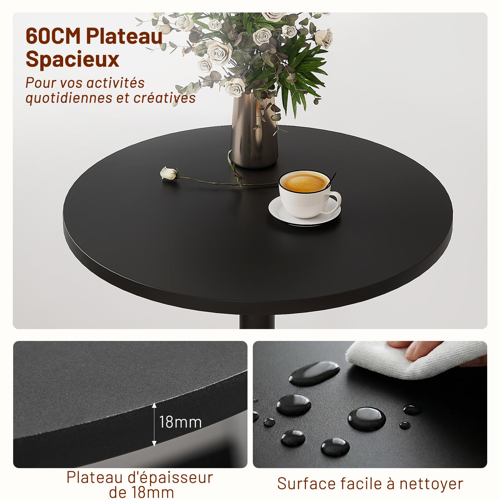 2er Set 2in1 Bartisch Runder Bistrotisch, Stehtisch 360° Drehbar Höhenverstellbar 70–91.5cm, Ø 60cm Partytisch aus Metall für Klub Wohnzimmer Küche Balkon Bar, Schwarz