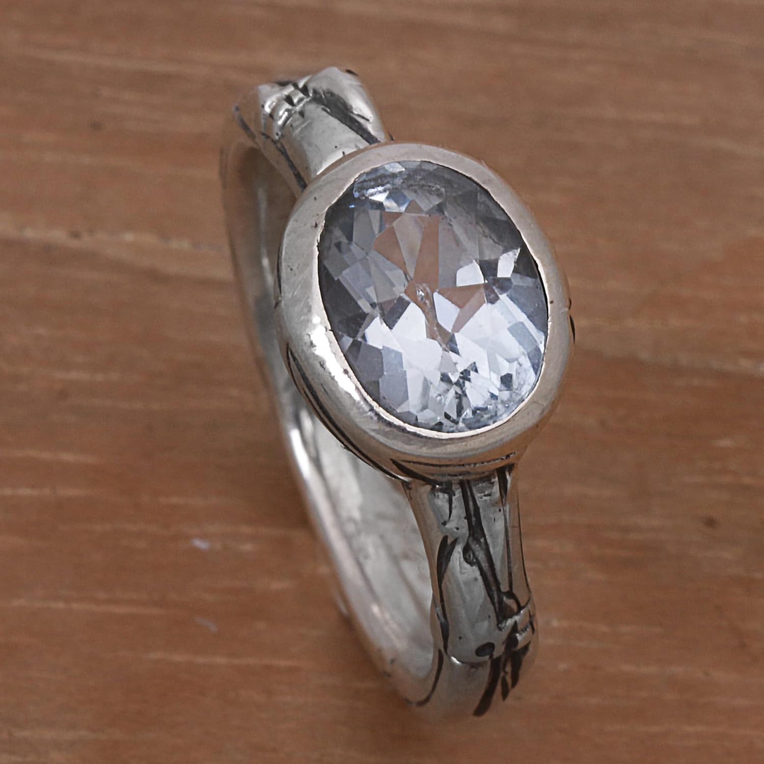NOVICA Artisan Handmade Blue Topaz Single Stone Ring from Indonesia .925 Sterling Silver Birthstone 'Bamboo Bliss'