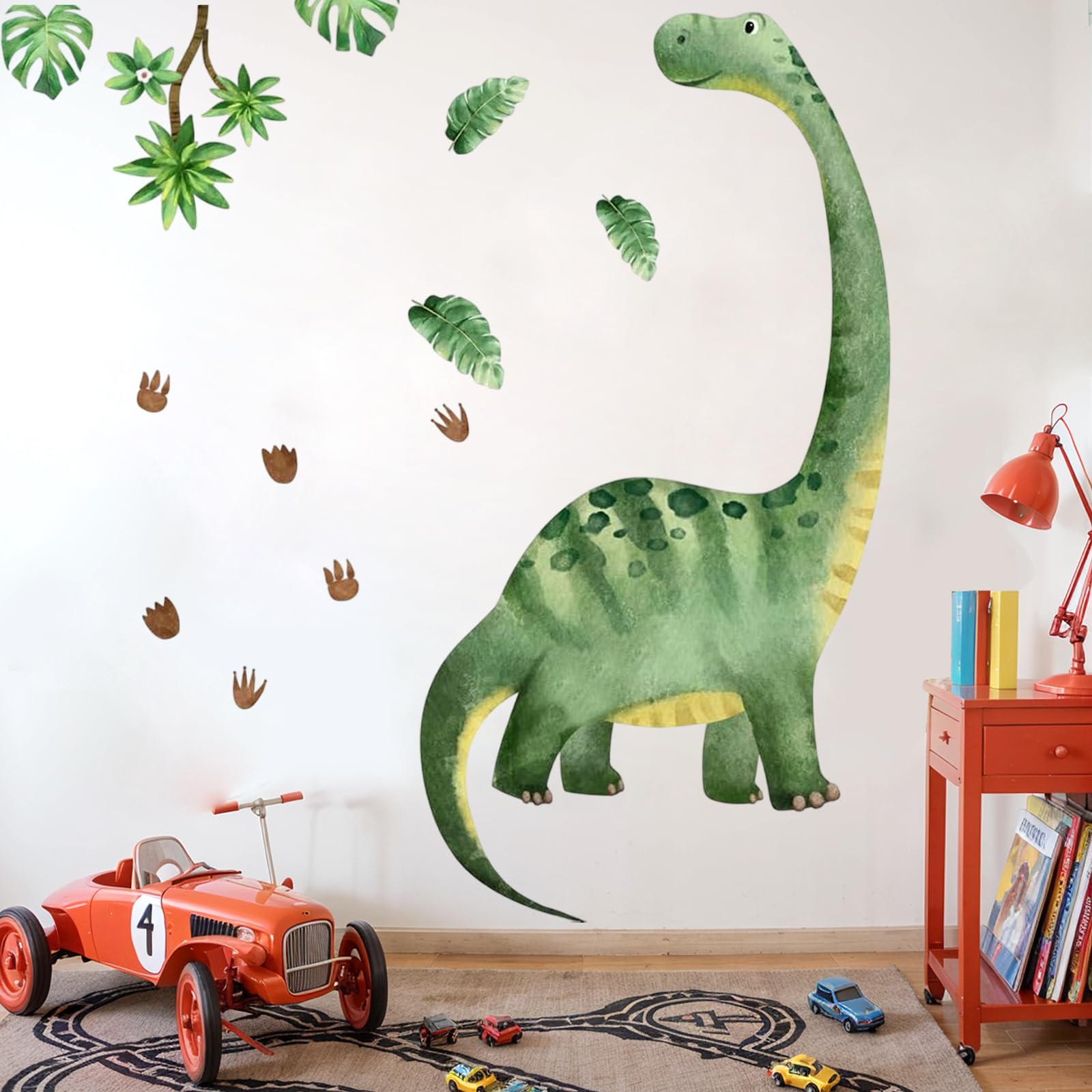 Wandtattoo Dinosaurier 3D Effekt Wandsticker, 3pcs Groß Dino Grünes Blatt Aquarell Wandaufkleber Dschungel Tiere Palmen Wanddeko Sticker, Kleinkinder Schlafzimmer Spielzimmer Klassenzimmer