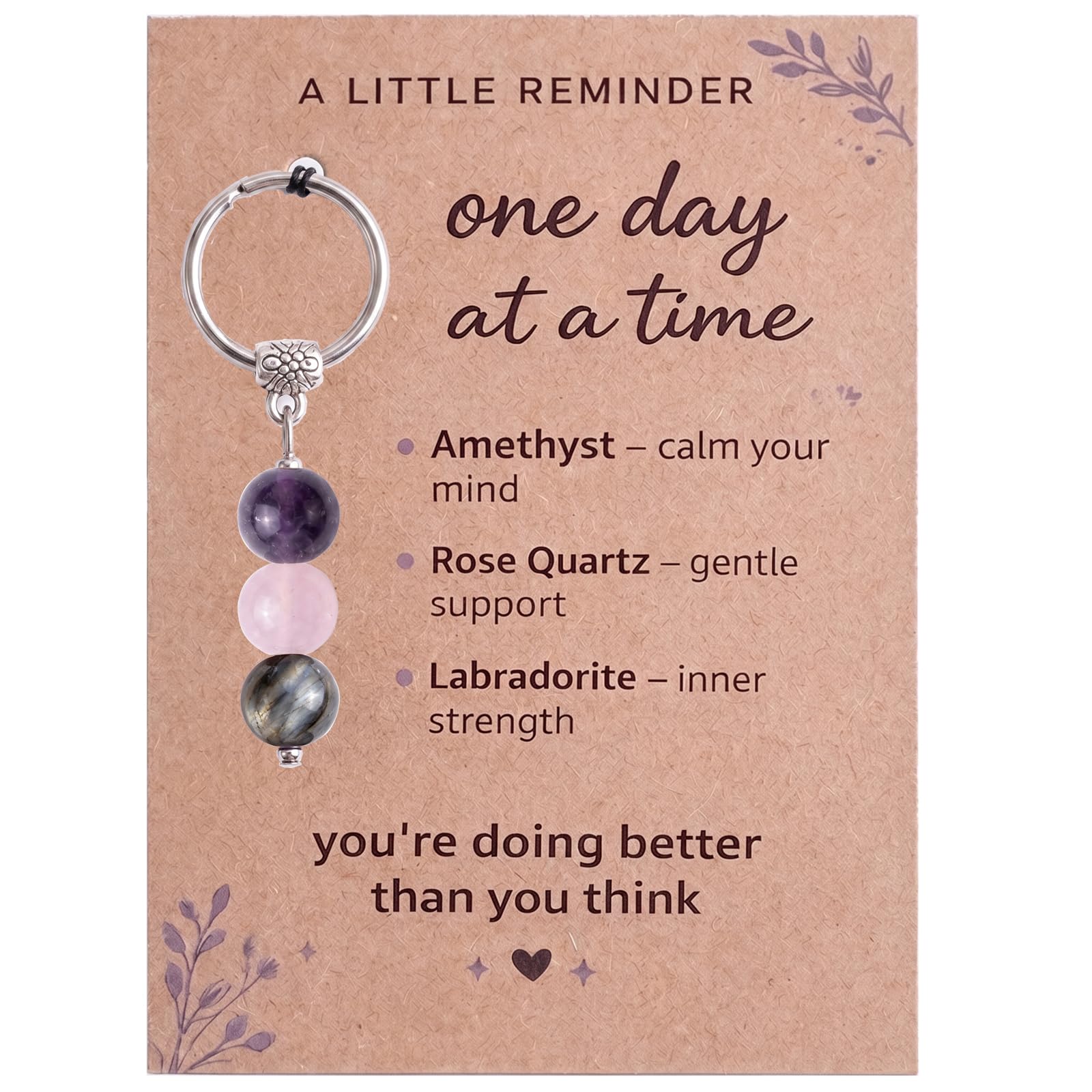 AIKOBAA Amethyst Keyring with Inspirational Card – Calming Support for Adults, Natural Crystals Keychain, Spiritual Gifts for Women, Thinking of You Gifts, Purple Gifts for Women