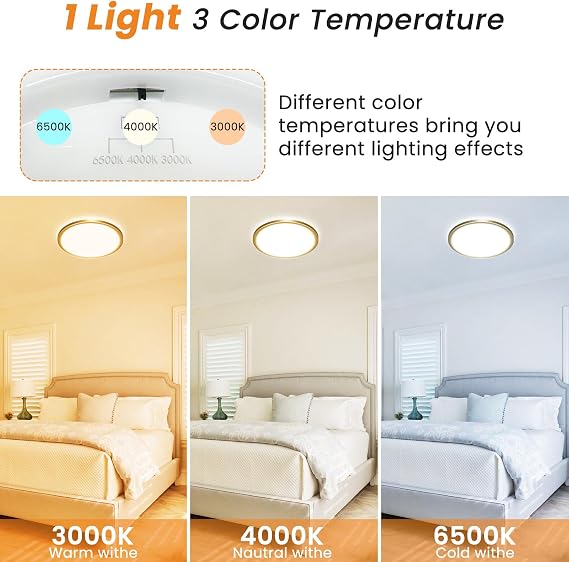 slochi LED Ceiling Light 22CM, 18W 1800LM Bathroom Lights 3000K/4000K/6500K, Flush Round Waterproof Ceiling Fittings Lighting for Bedroom Kitchen Hallway Indoor Gold [Energy Class E]